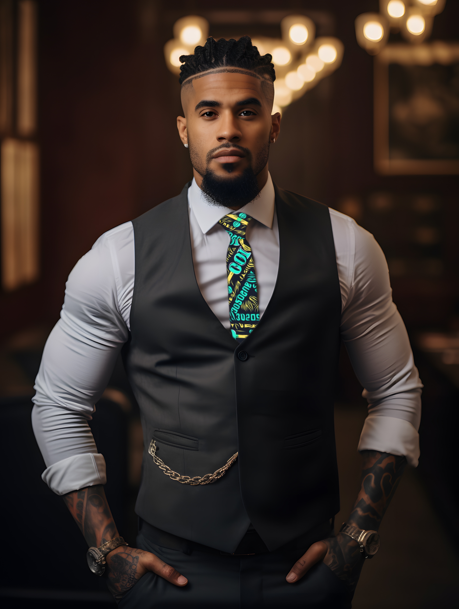Elegant presentation of the unique mens necktie paired with a charcoal grey suit and white dress shirt.