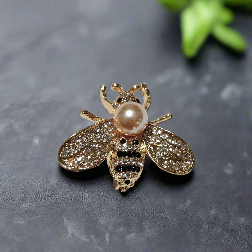 Honey bee lapel pin styled on a formal suit jacket