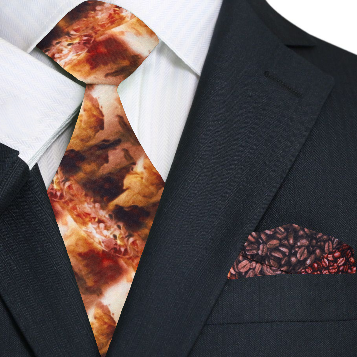 Man wearing an iced coffee silk necktie with a white dress shirt