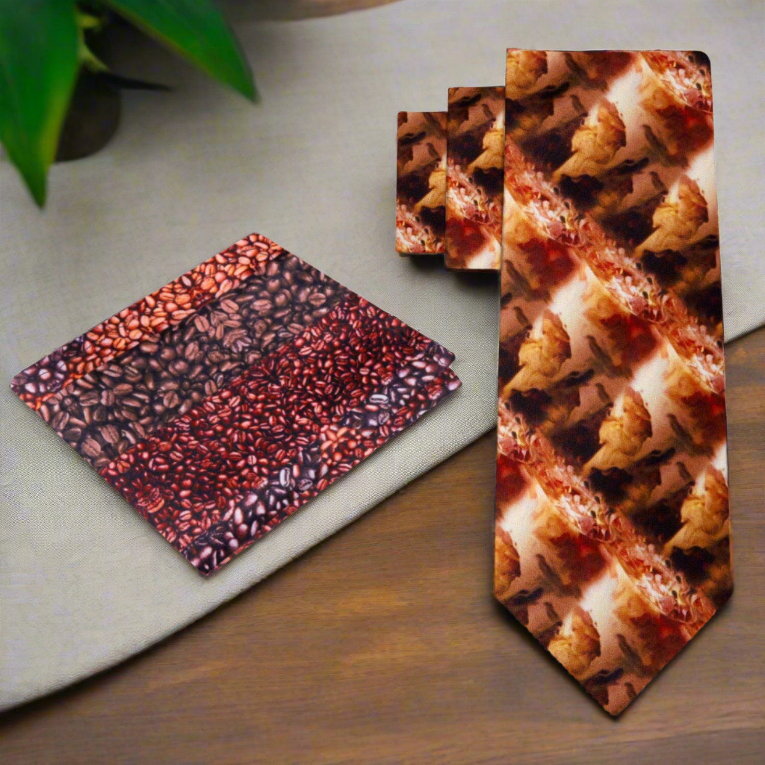 Silk necktie with coffee-themed pattern, ideal for casual or business wear