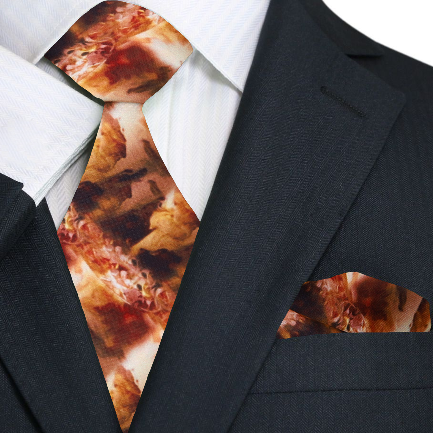 Man wearing an iced coffee silk necktie with a white dress shirt