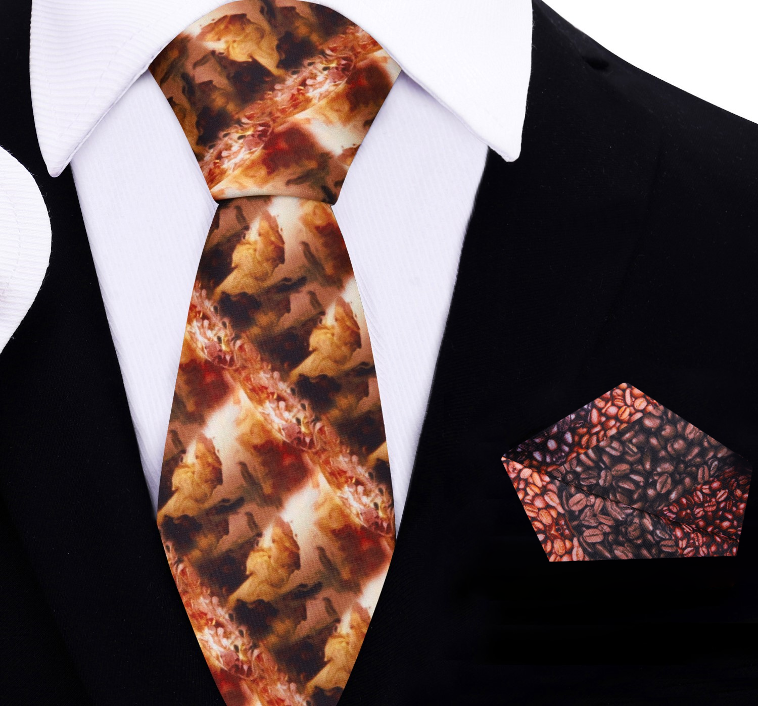 Close-up of coffee pattern on a stylish mens silk tie