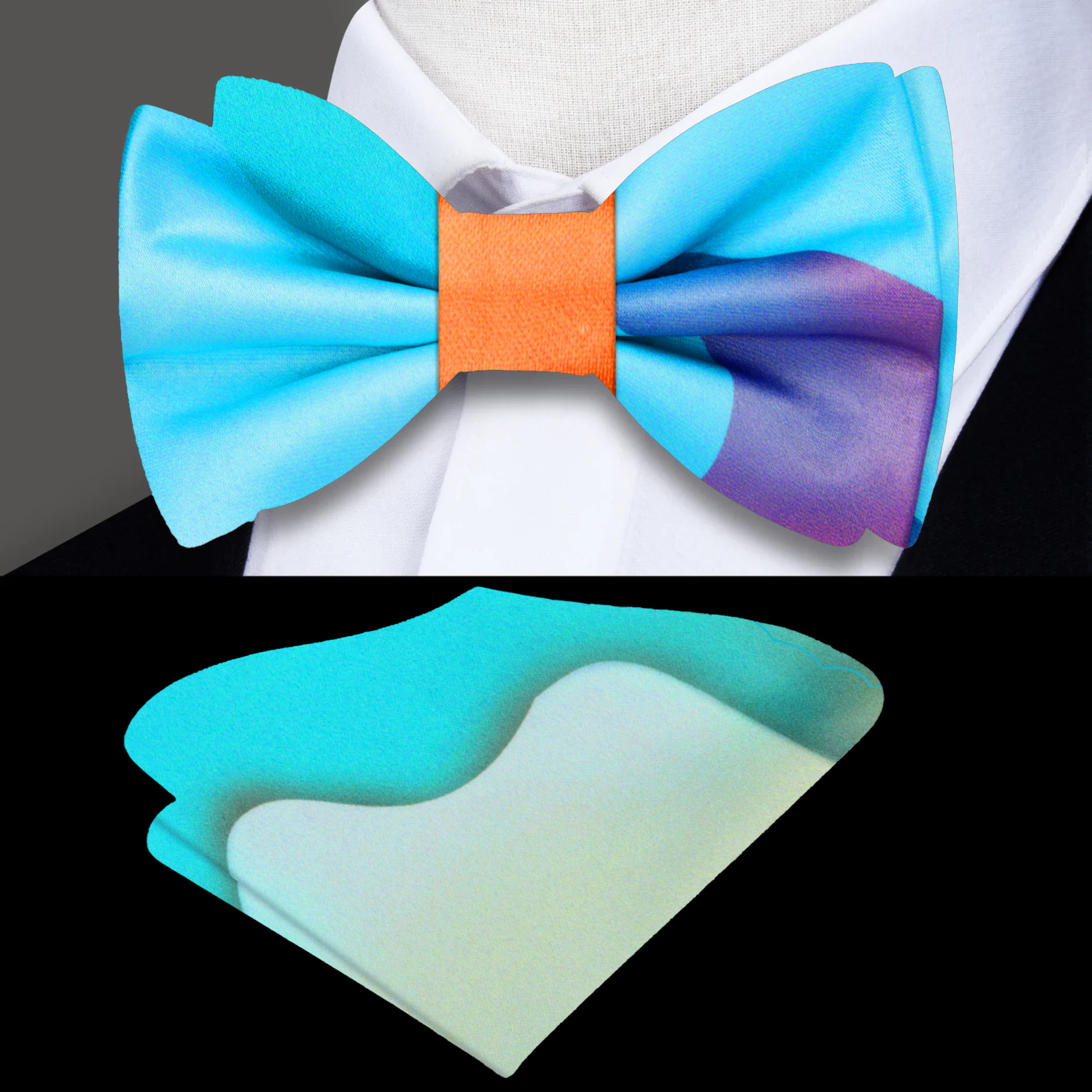 Close-up of the melted colors silk bow tie showcasing its vibrant hues.