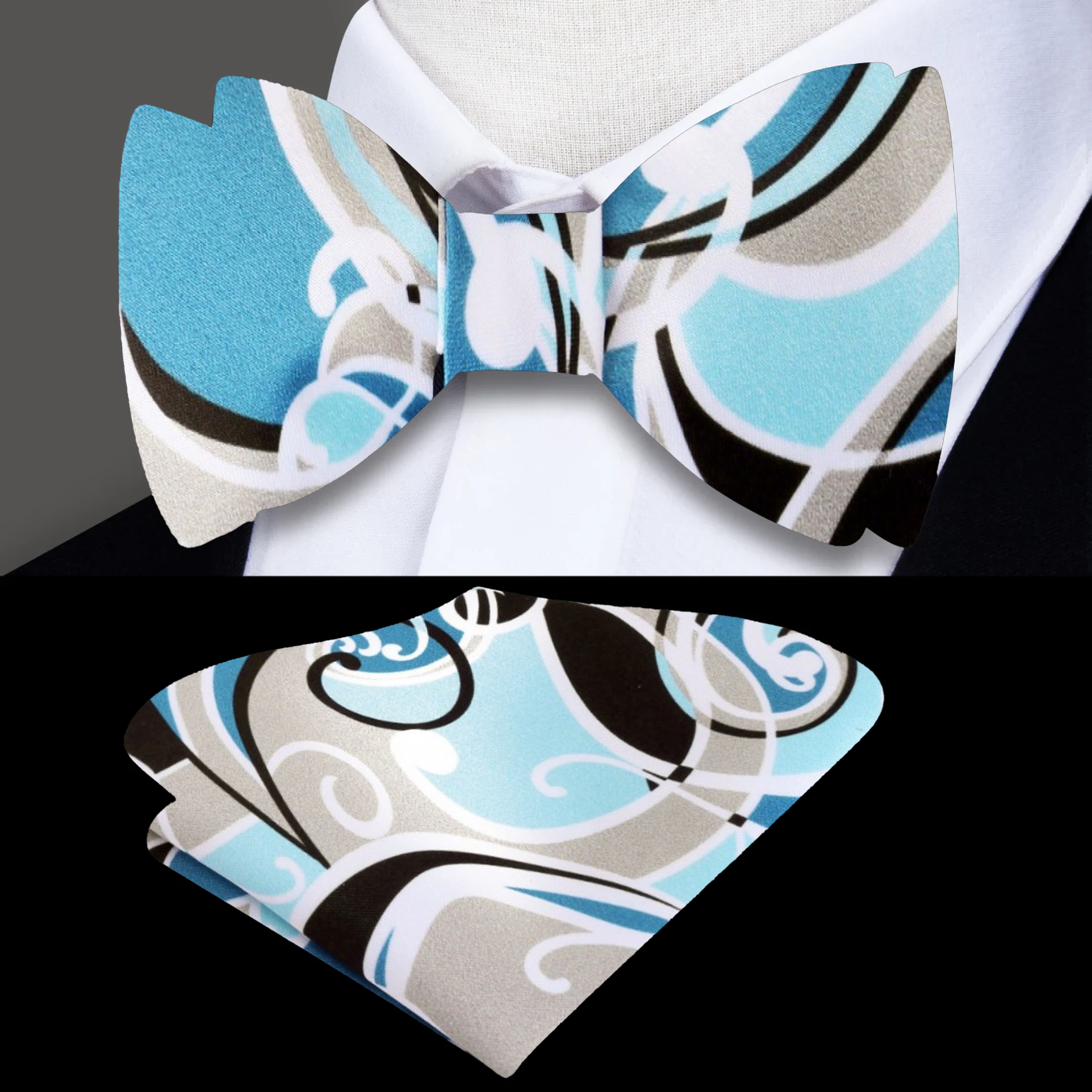 Close-up of abstract silk bow tie featuring pink, black, and white shades, perfect for formal and artistic occasions