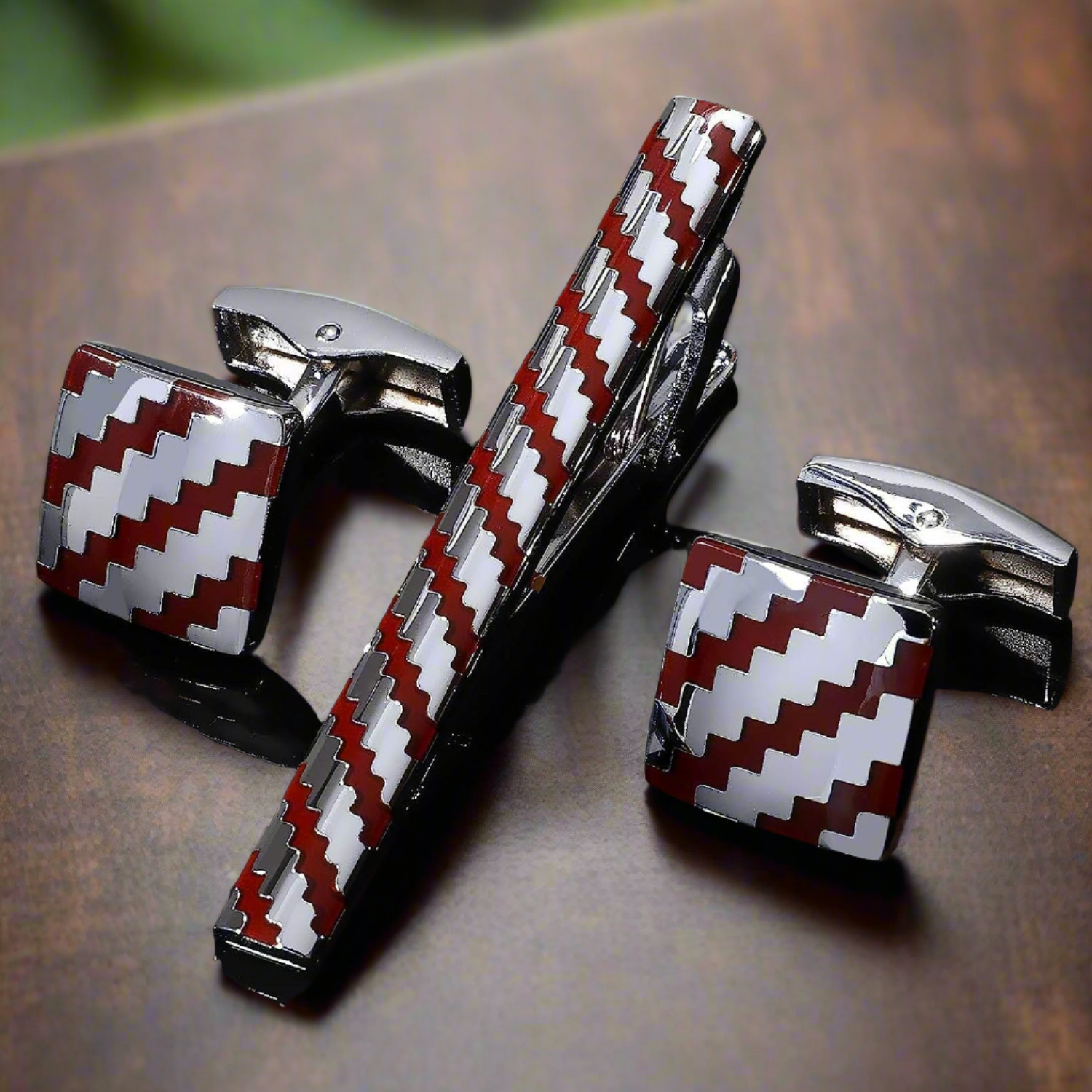 Front view of mahogany wave cufflinks with chrome finish for men's fashion