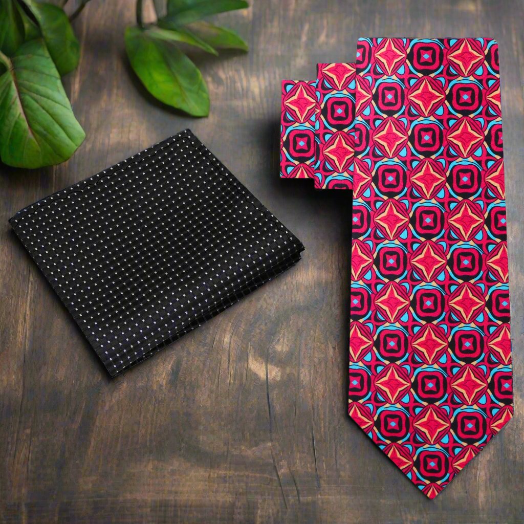 Close-up of red geometric necktie showcasing detailed pattern and vibrant colors