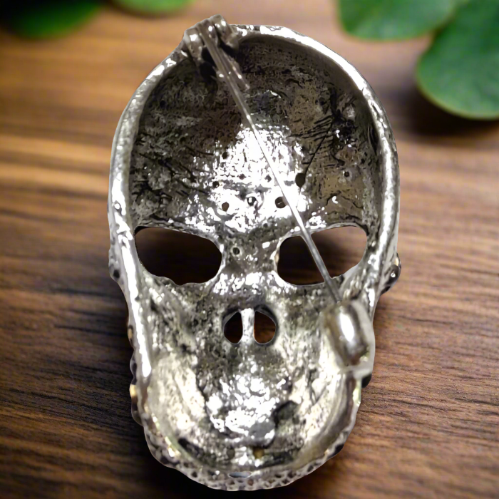 Close-up of the gothic skull lapel pin in silver finish, showcasing its intricate details.