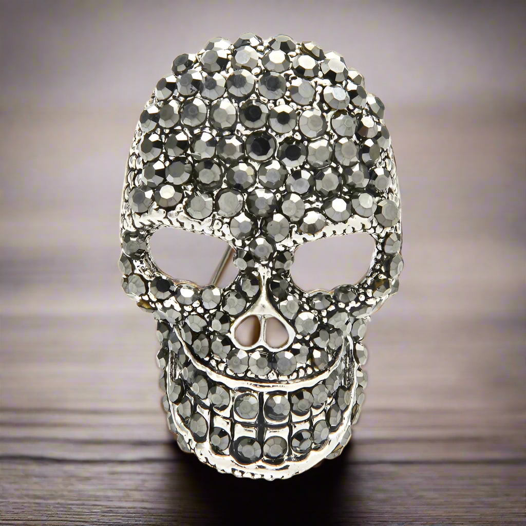Gothic skull lapel pin displayed against a stylish dress shirt, highlighting its versatility.