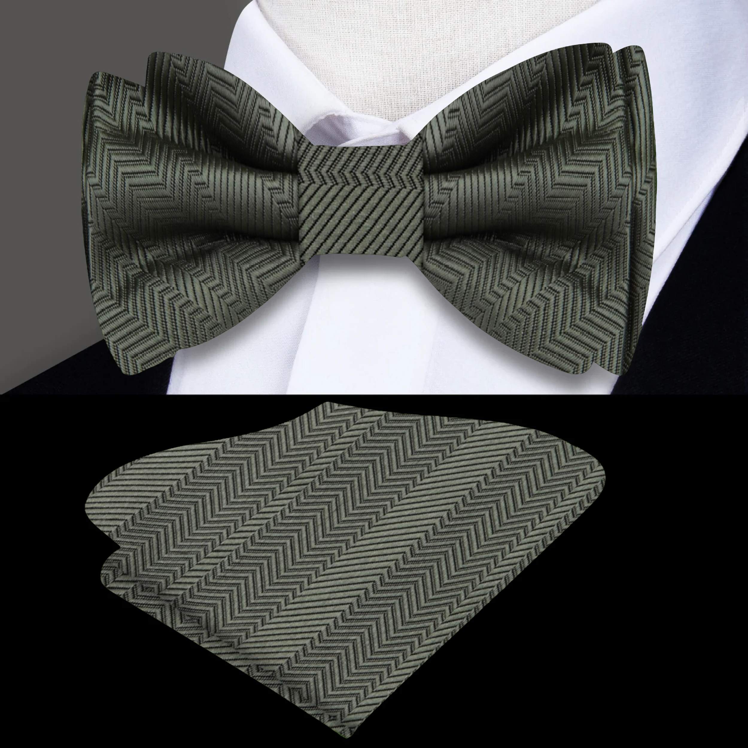Model wearing a mint green bow tie paired with a white dress shirt, ideal for spring garden parties.