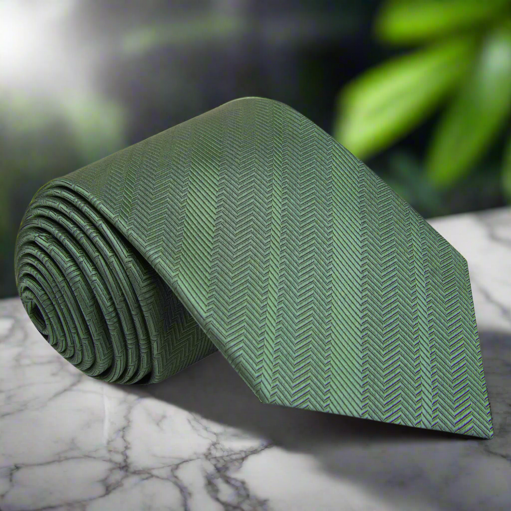 Front view of the elegant juniper green silk tie, showcasing its smooth texture.