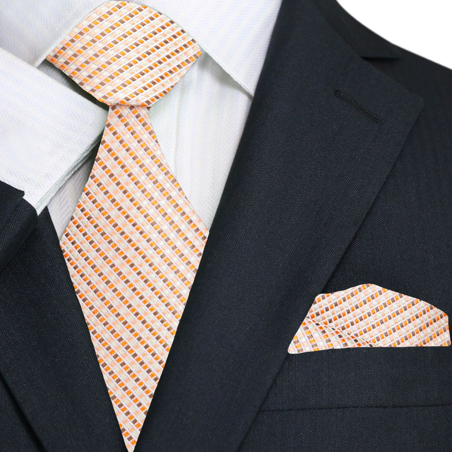 Close-up of the copper orange silk tie, highlighting the intricate green check pattern.