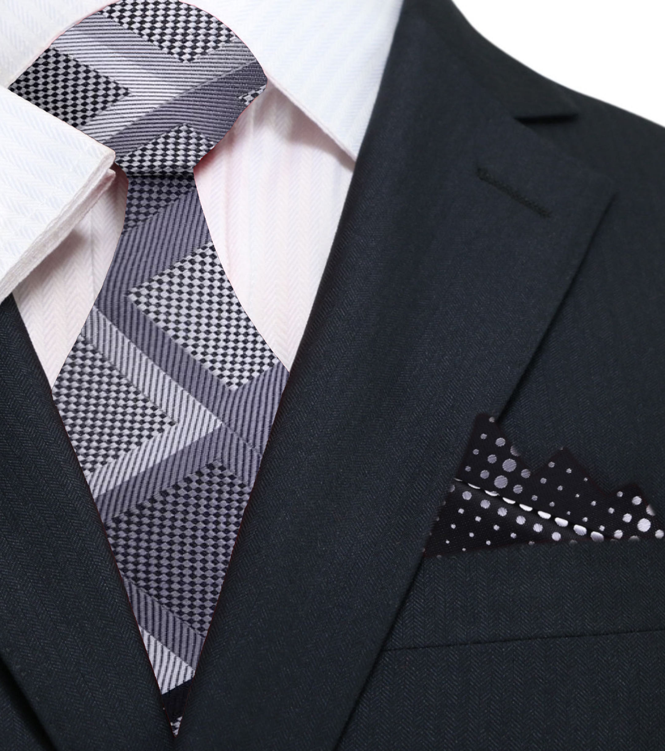 Elegant men's geometric silk necktie with dark grey and black pattern on a model's neck
