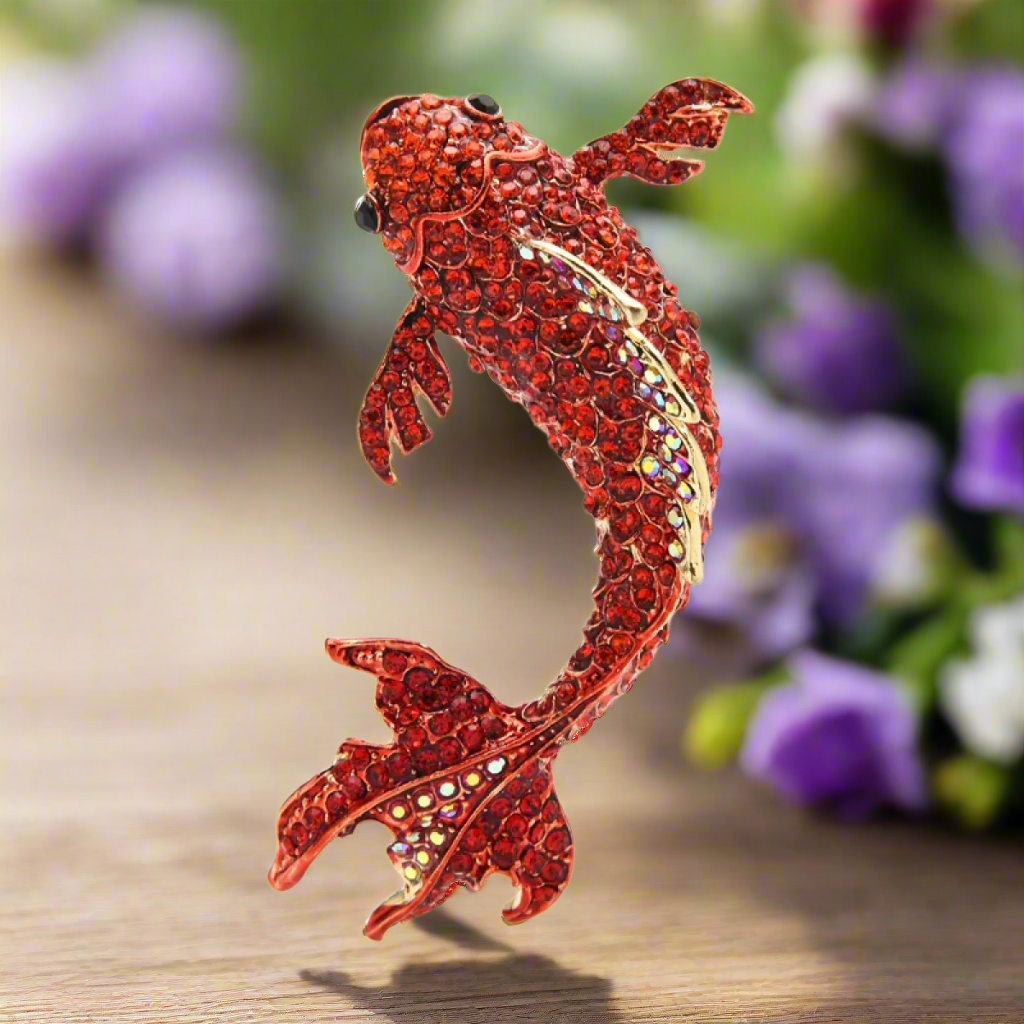 Koi Fish Lapel Pin pinned to a stylish denim jacket, adding flair to an everyday look.
