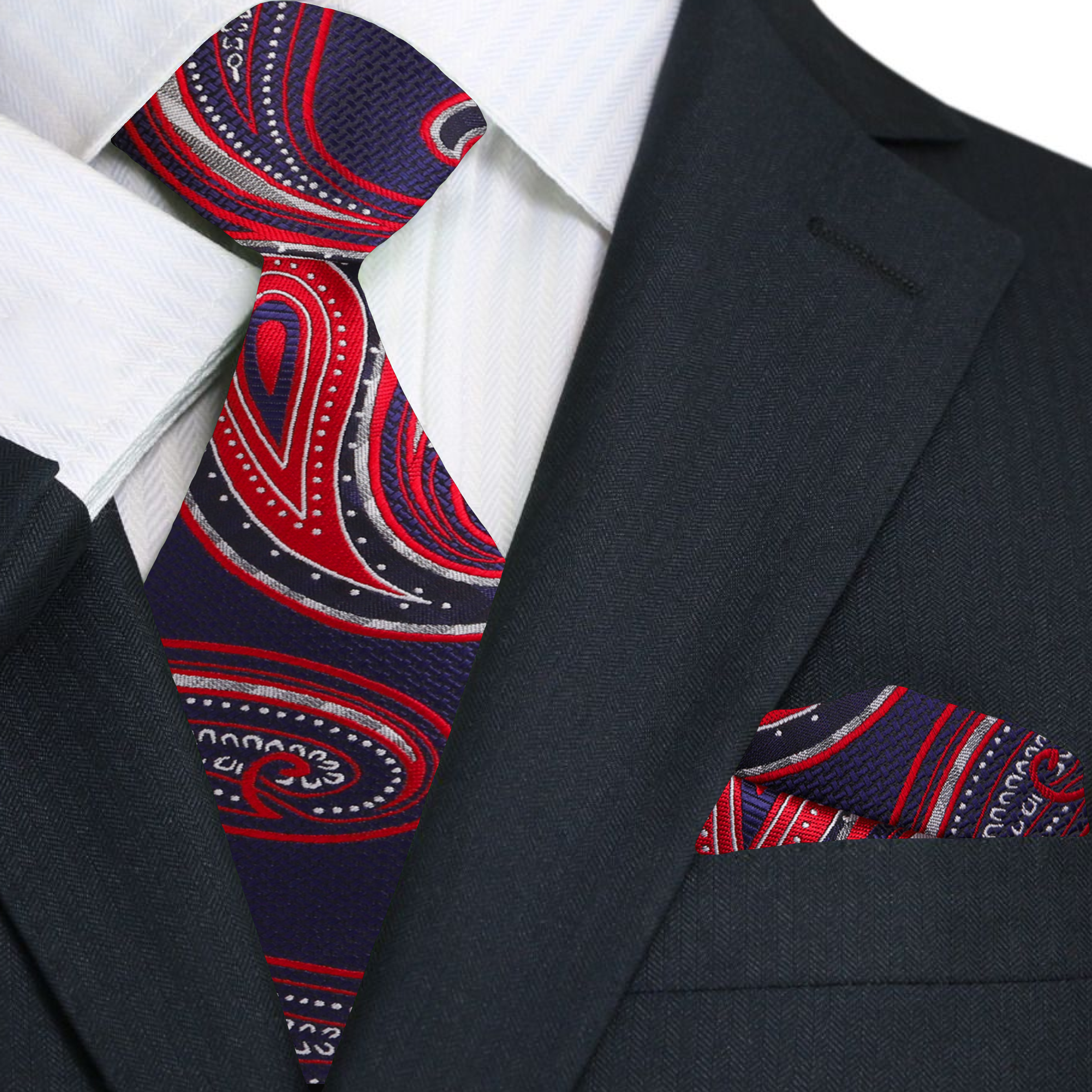Man wearing a paisley tie with navy suit for formal event