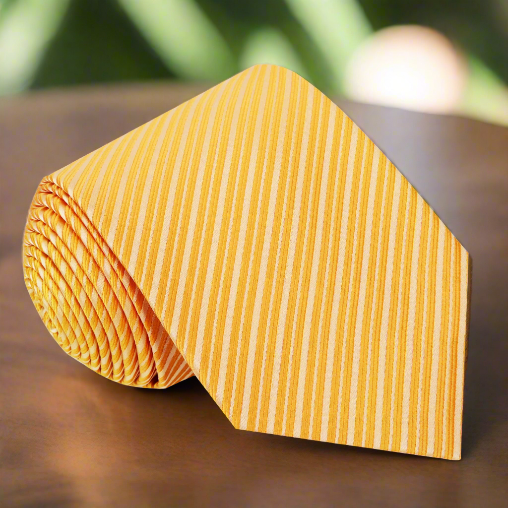 Lime green pinstripe necktie displayed elegantly on a white shirt.