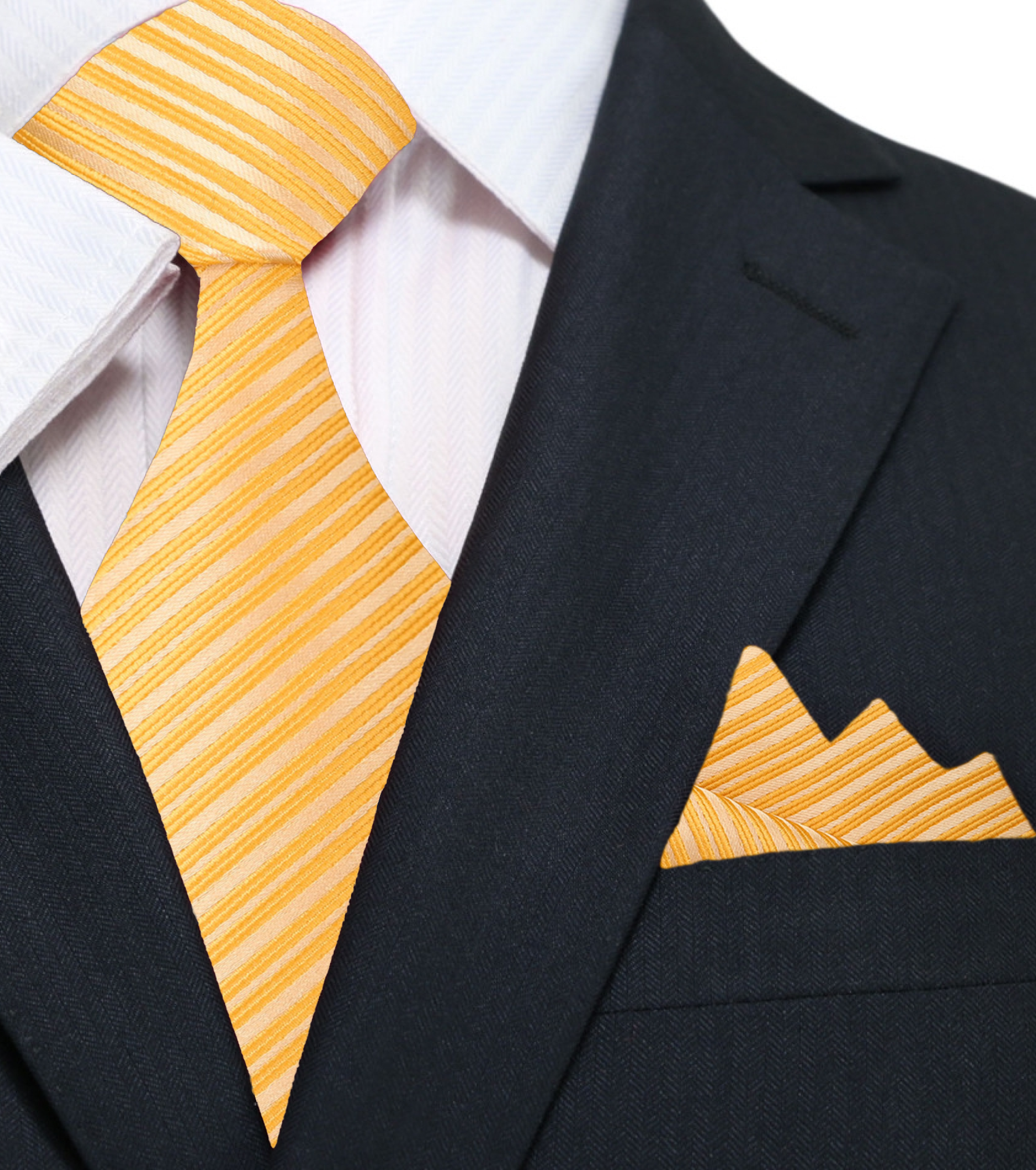 Dark blue pinstripe necktie styled with a charcoal suit for a formal look.