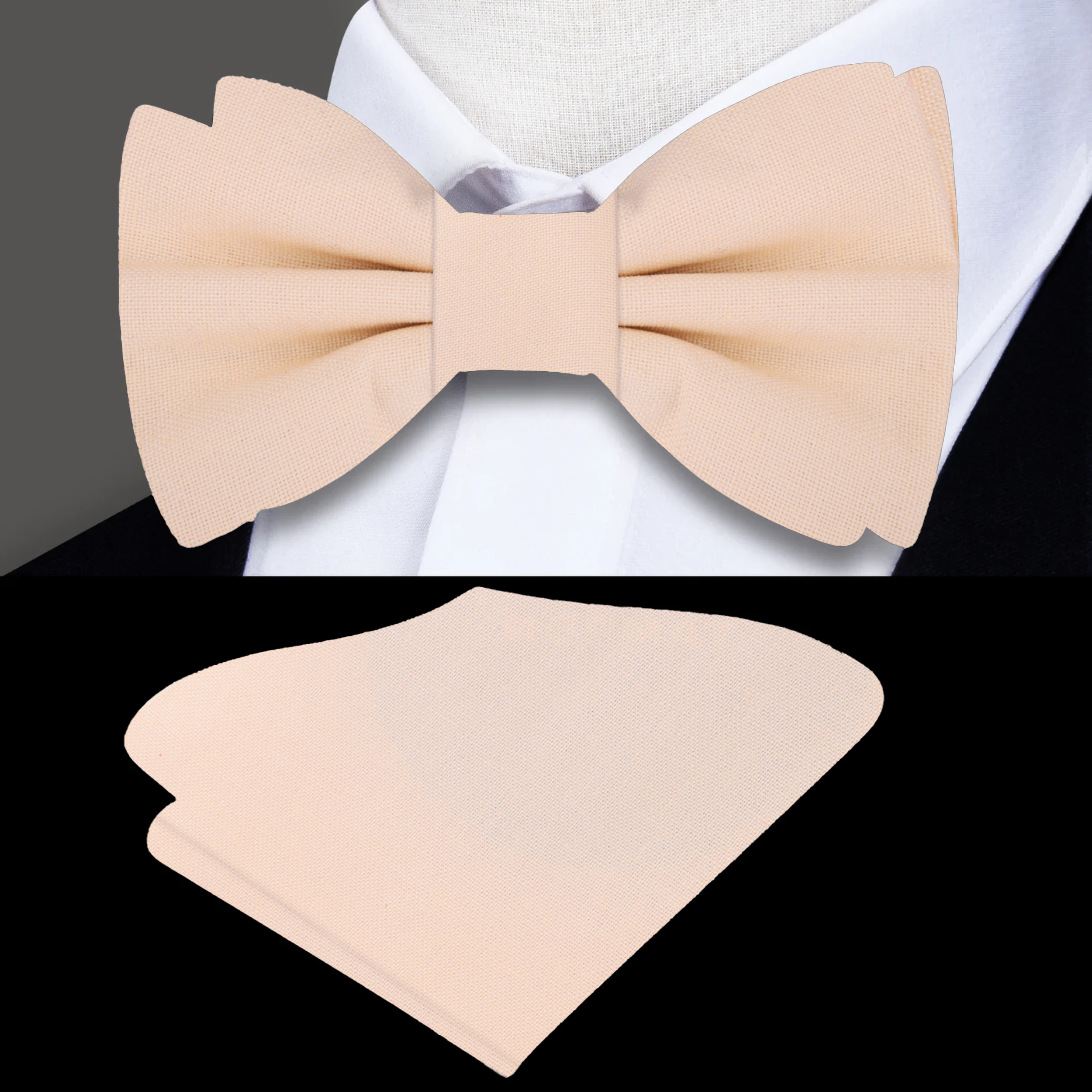 Close-up of a light blue linen bow tie with matching pocket square, perfect for weddings