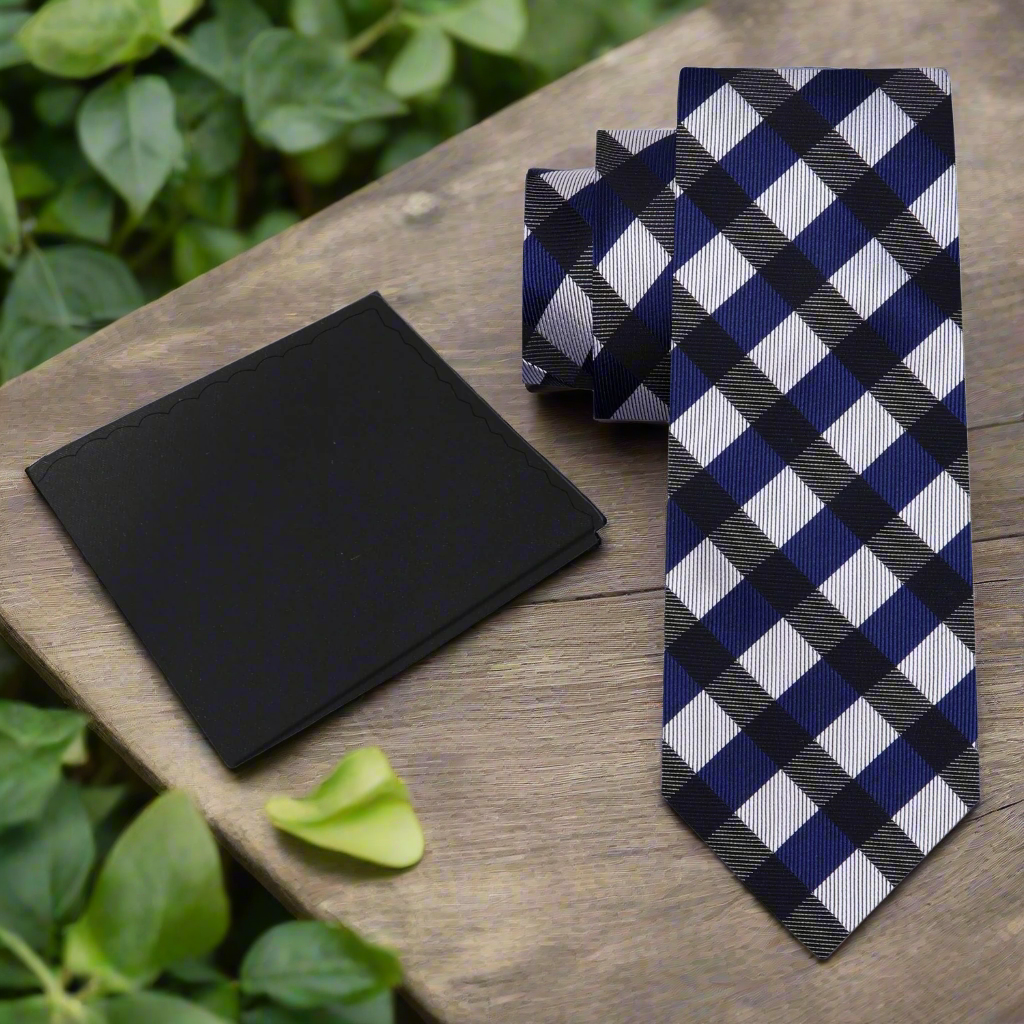 Corthaven check pattern necktie paired with a charcoal grey suit, perfect for business meetings.