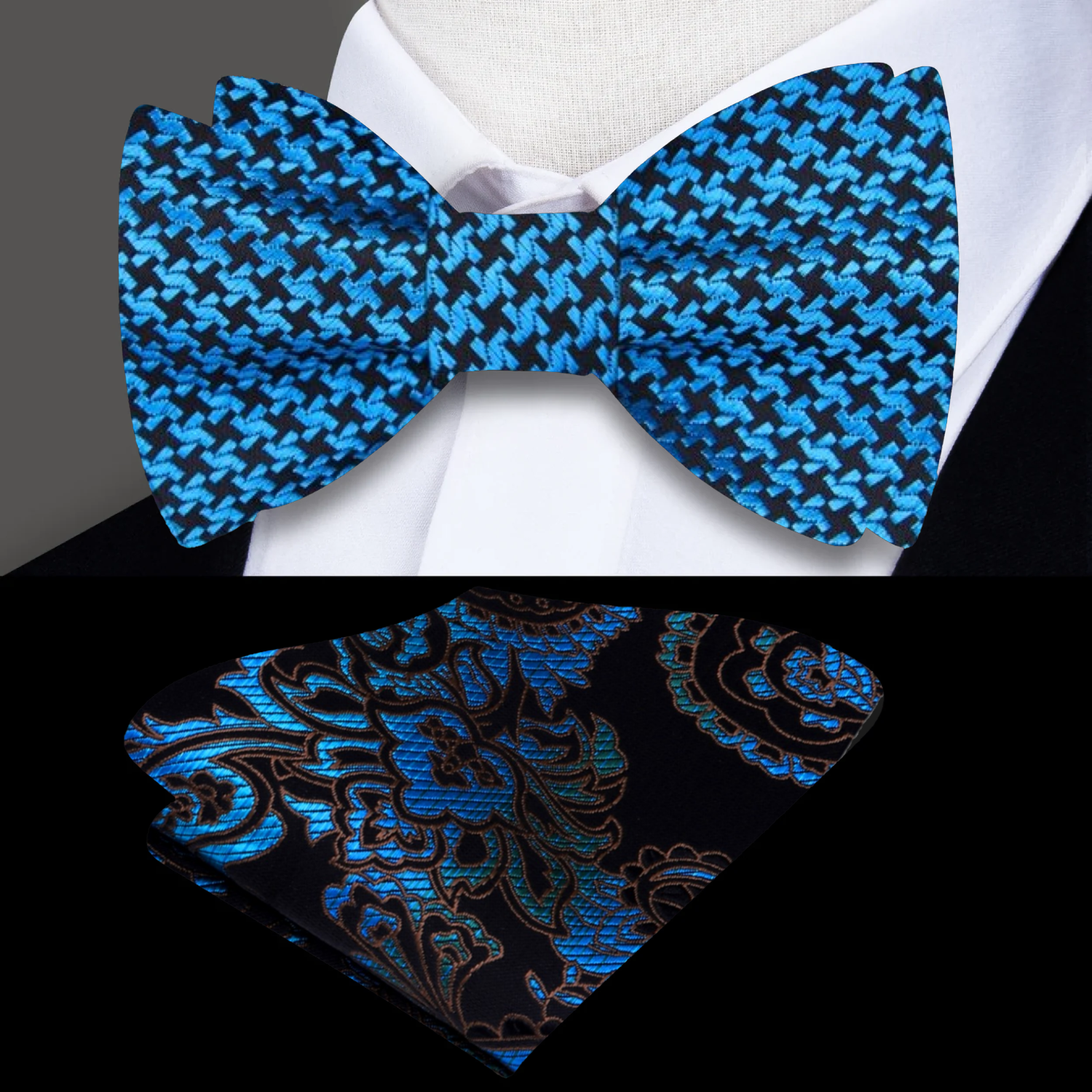 Self-tie houndstooth silk bow tie paired with a navy suit for wedding attire