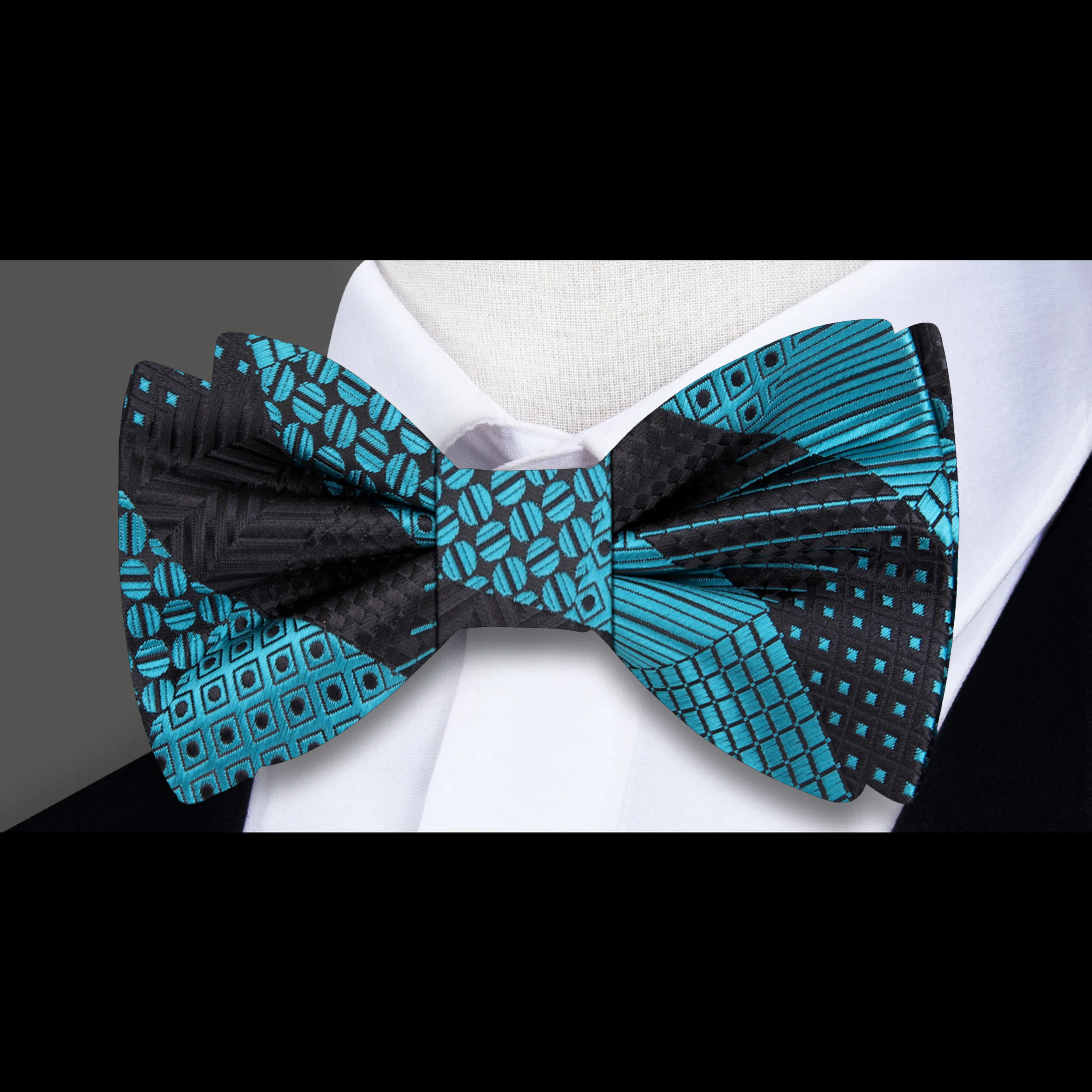 Fashionable geometric pattern bow tie paired with a dress shirt for elegant events