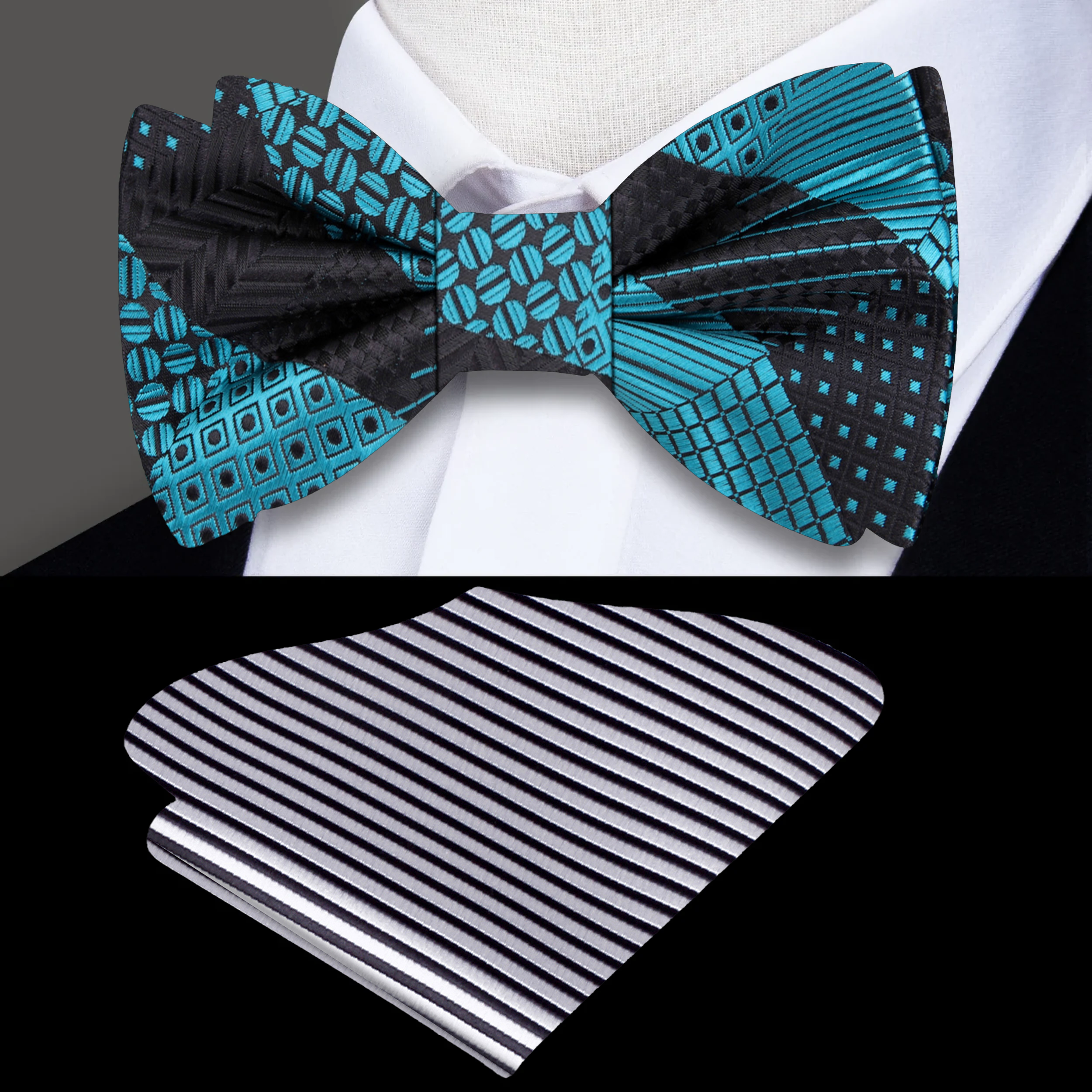 Close-up of a blue geometric silk bow tie on a model for wedding attire