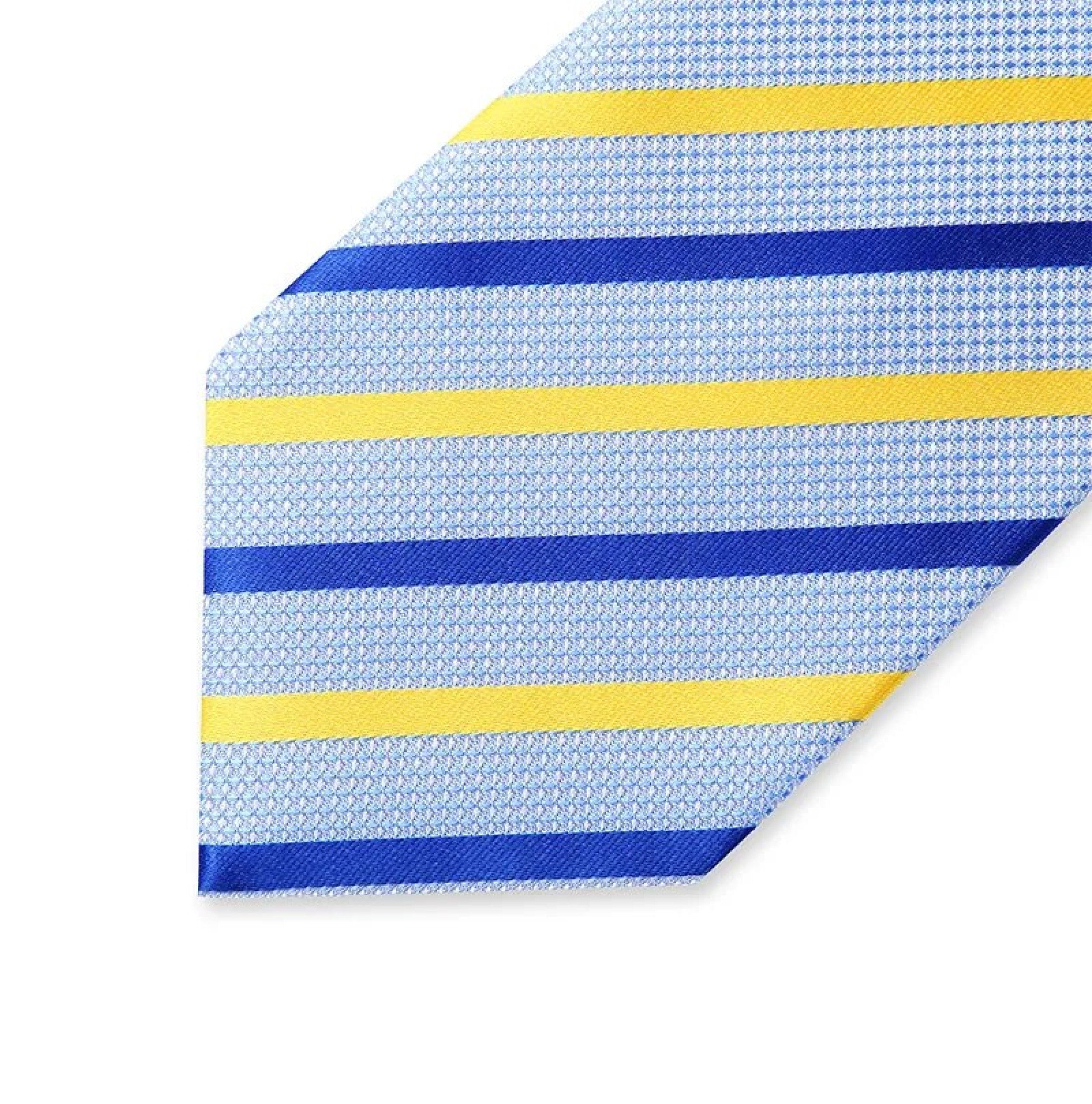 Light blue striped silk tie displayed on a wooden table, ideal for weddings and business meetings.