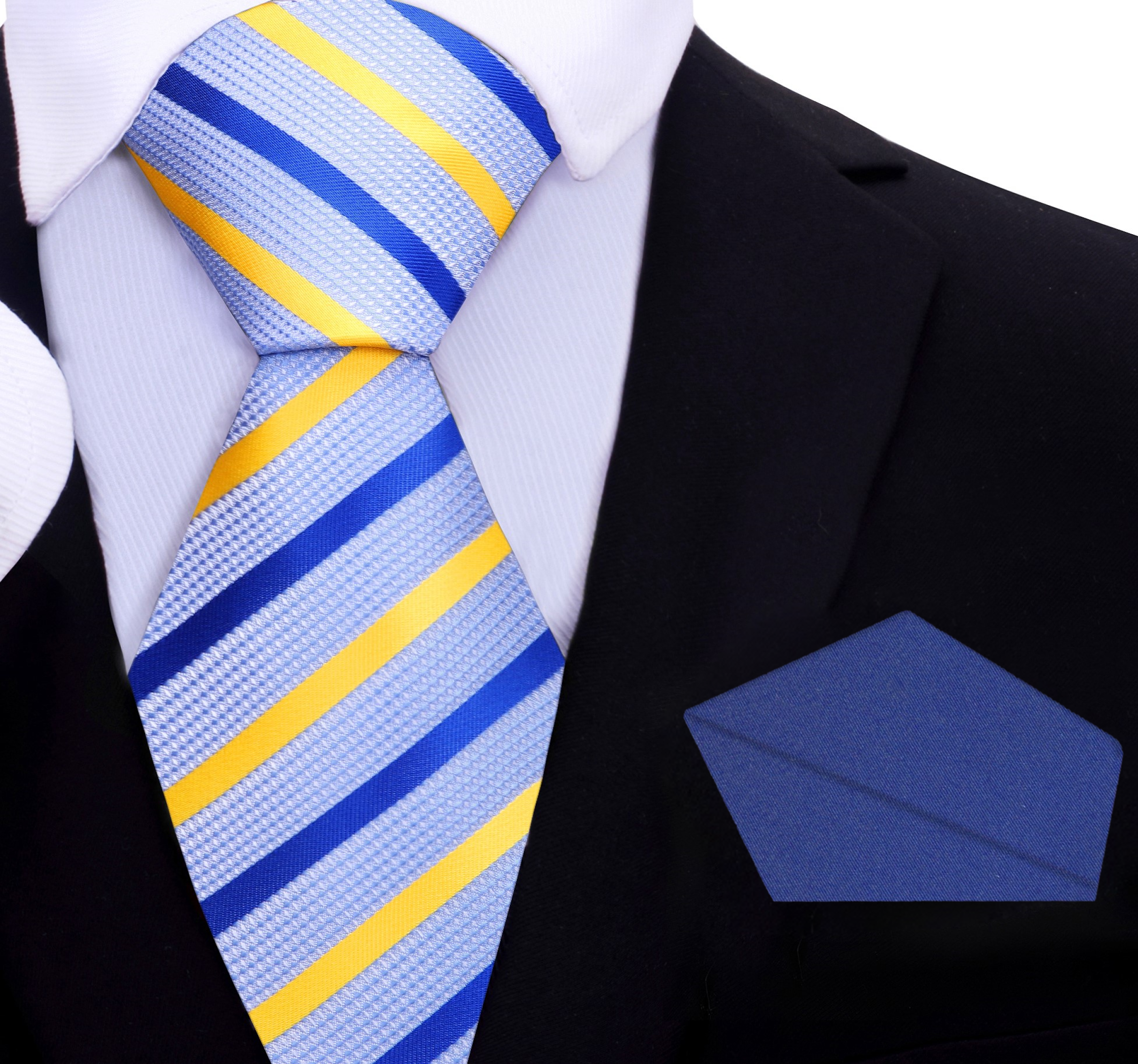 Model wearing a light blue striped necktie at an outdoor summer wedding, accentuating a stylish suit.