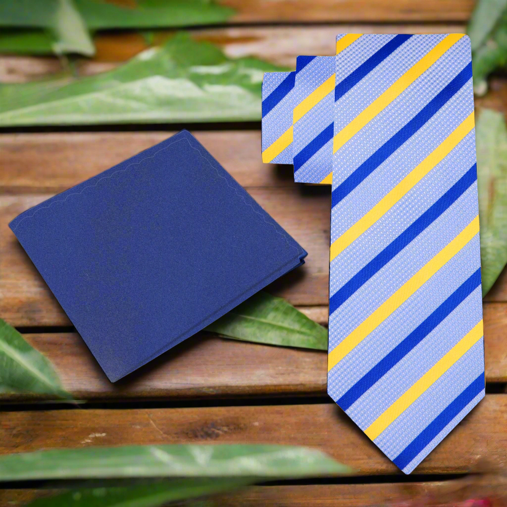 Close-up of the royal blue and yellow nautical tie, showcasing its luxurious silk fabric and vibrant colors.