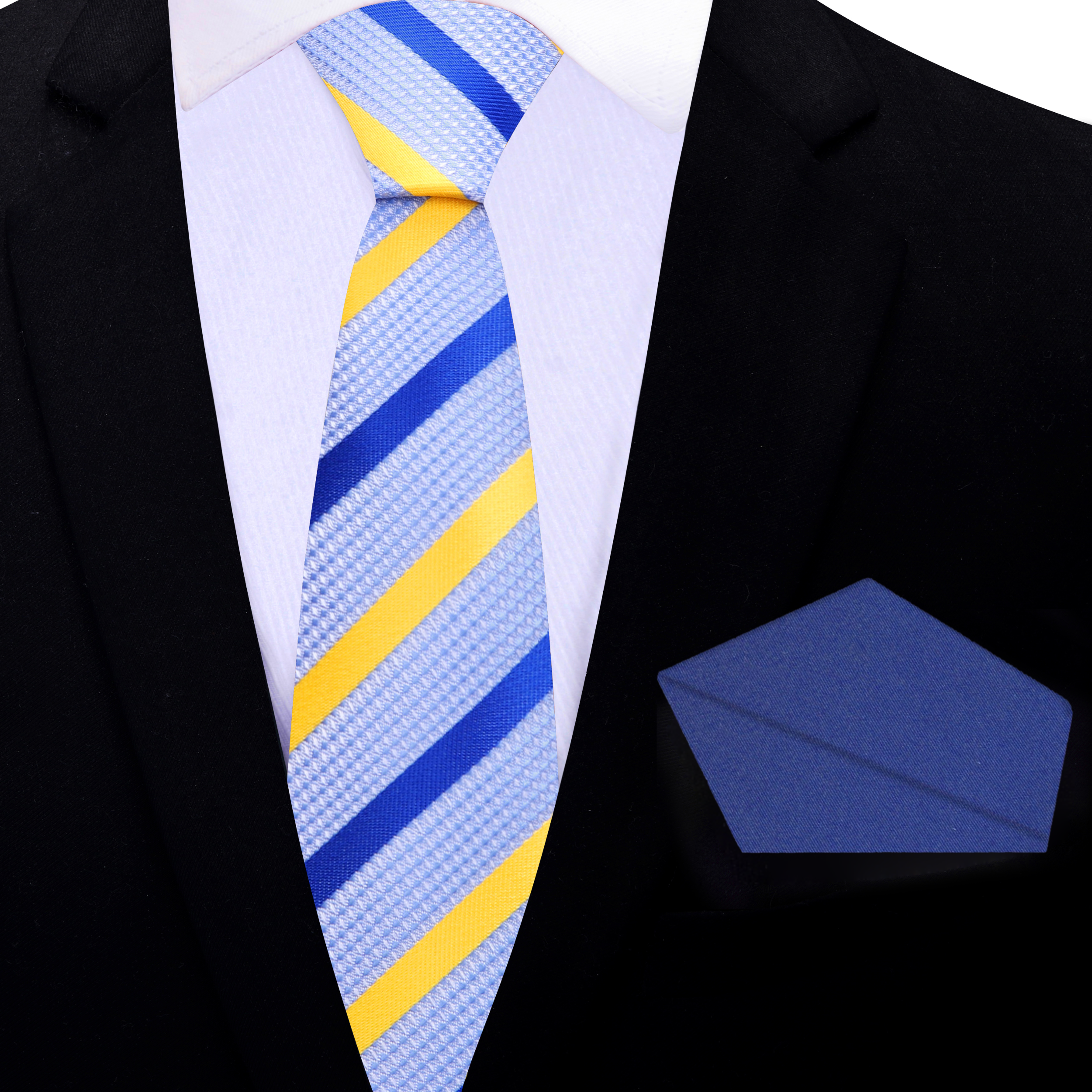Light blue striped silk tie displayed on a wooden table, ideal for weddings and business meetings.