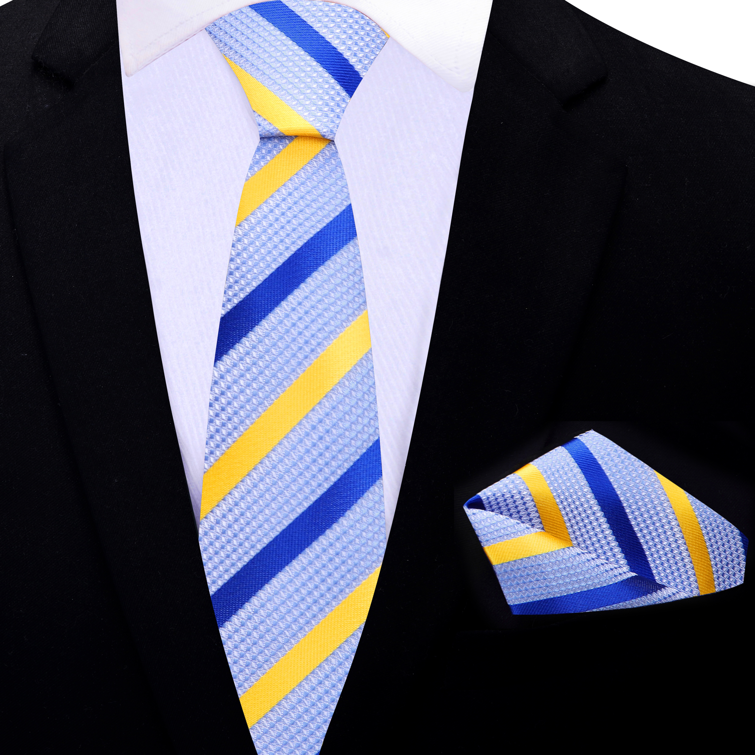 Close-up of the royal blue and yellow nautical tie, showcasing its luxurious silk fabric and vibrant colors.