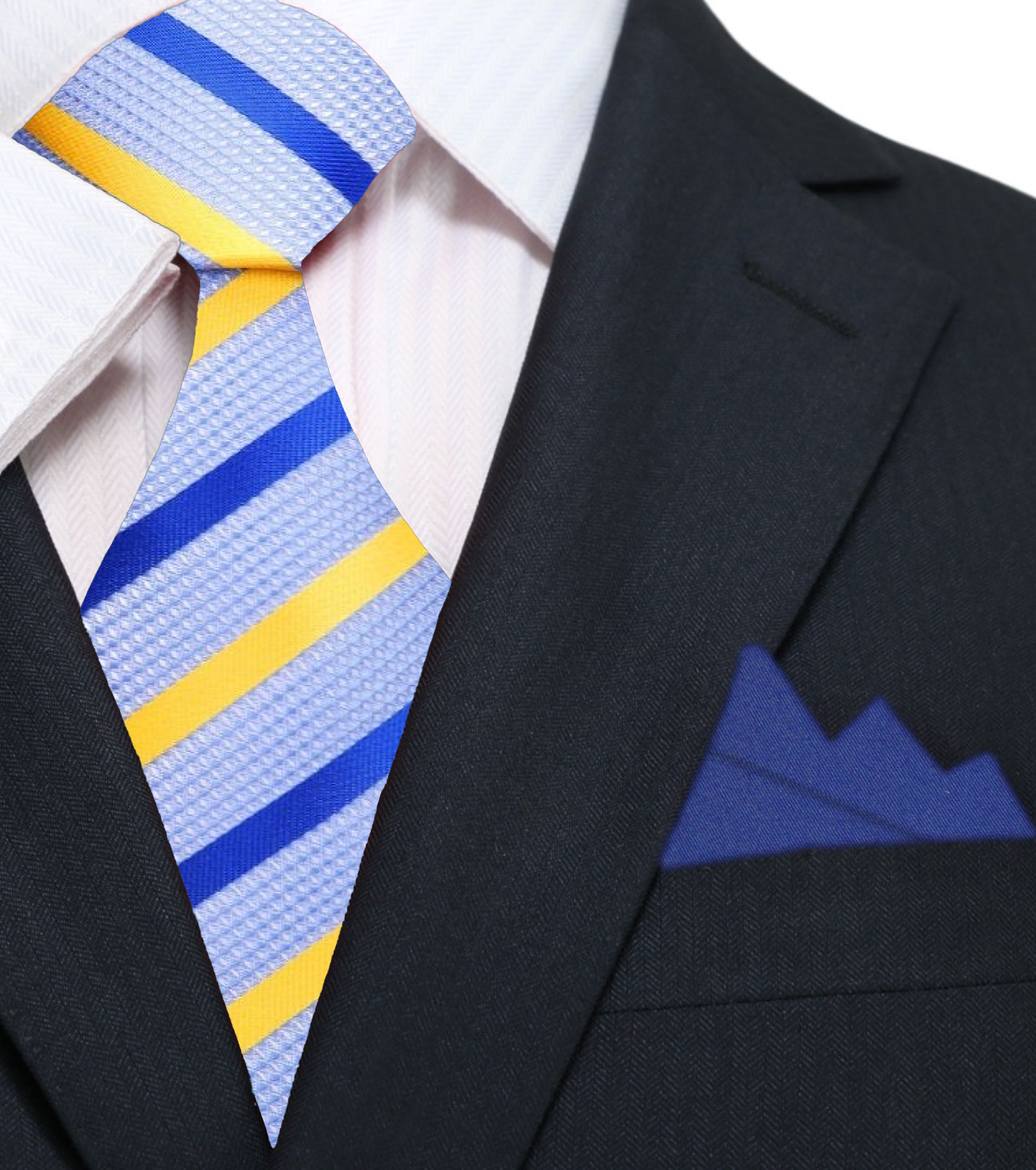 Close-up of the royal blue and yellow nautical tie, showcasing its luxurious silk fabric and vibrant colors.