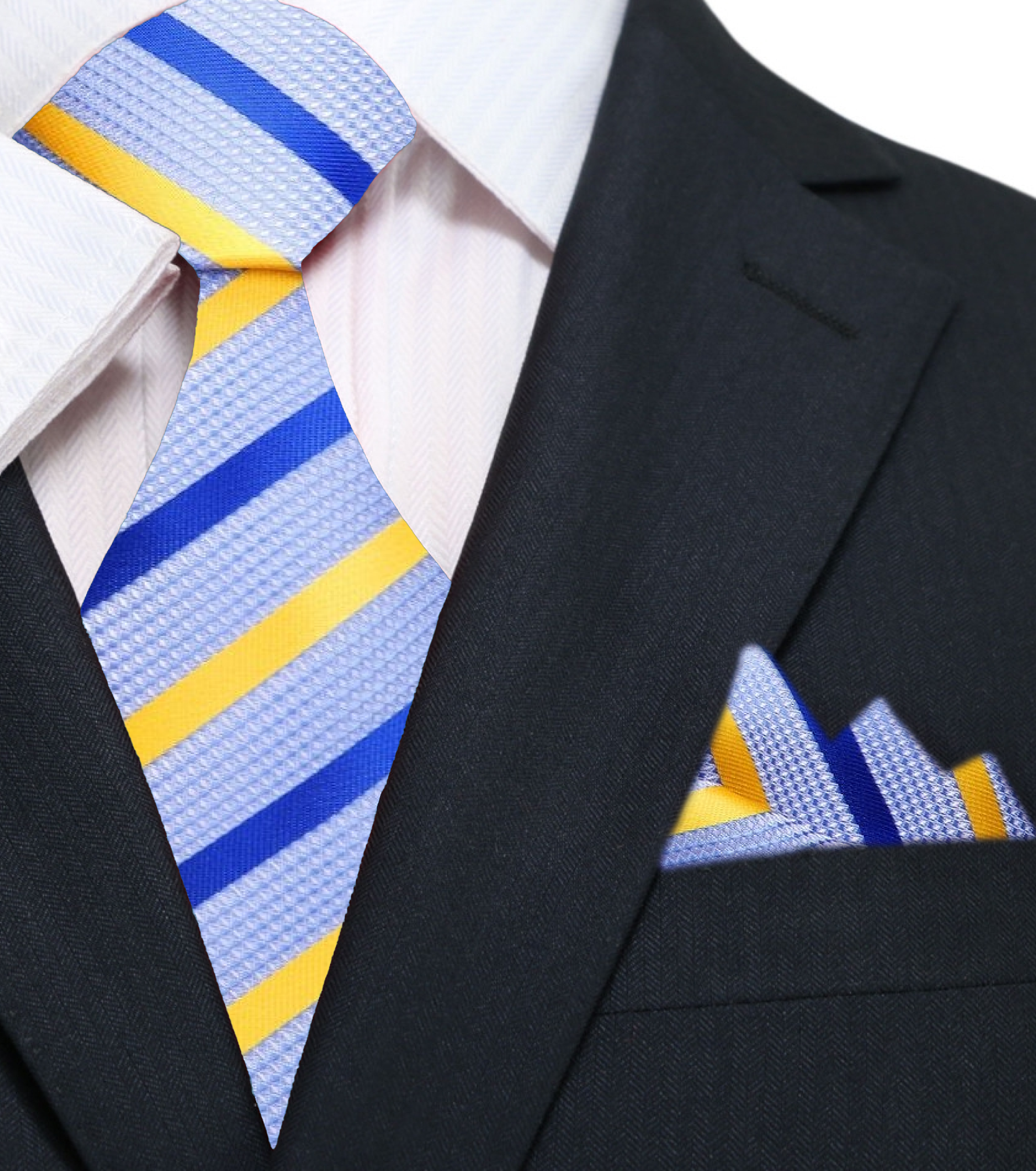 Model wearing a light blue striped necktie at an outdoor summer wedding, accentuating a stylish suit.