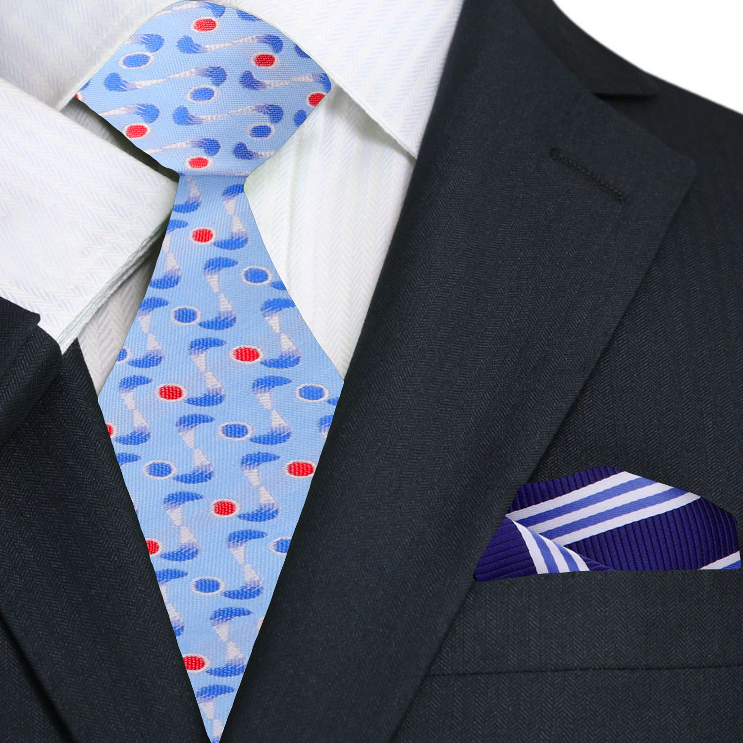 Model wearing the geometric necktie paired with a navy suit at a business meeting.
