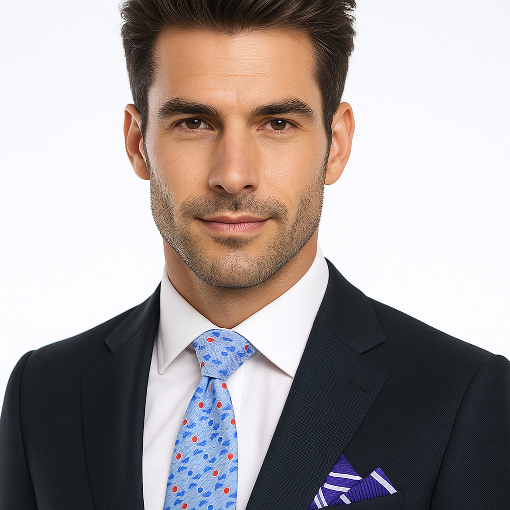 Close-up view of the light blue geometric necktie showcasing its intricate pattern.
