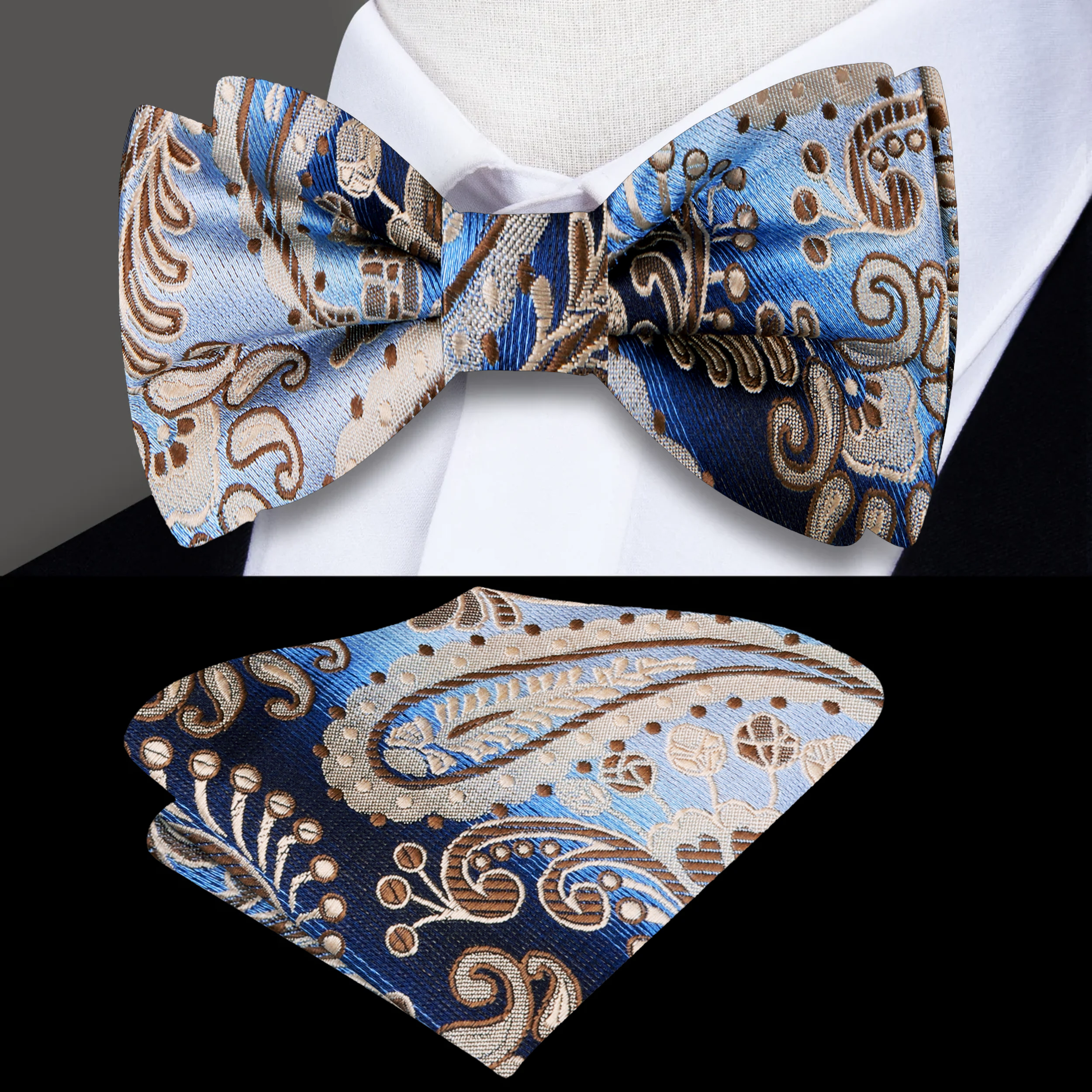 Close-up of the high-quality silk bow tie showcasing intricate paisley patterns.