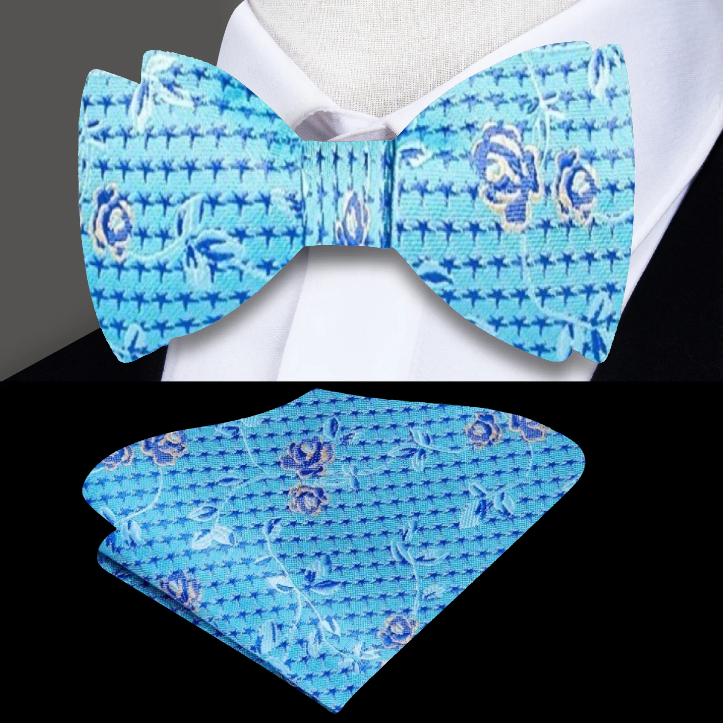 Close-up of detailed floral pattern on the self-tie bow tie for garden party look