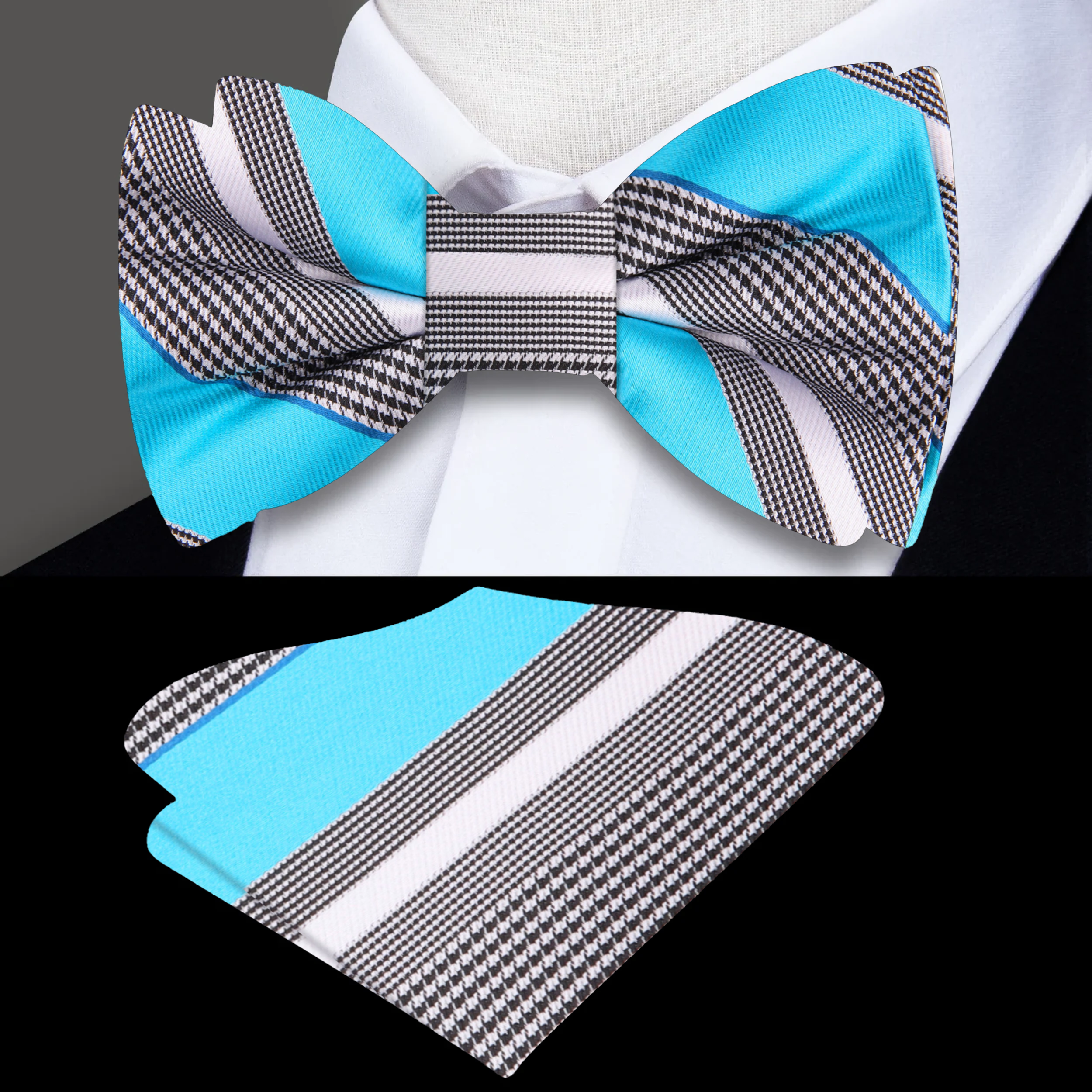 Yellow striped bow tie with pocket square, perfect for weddings