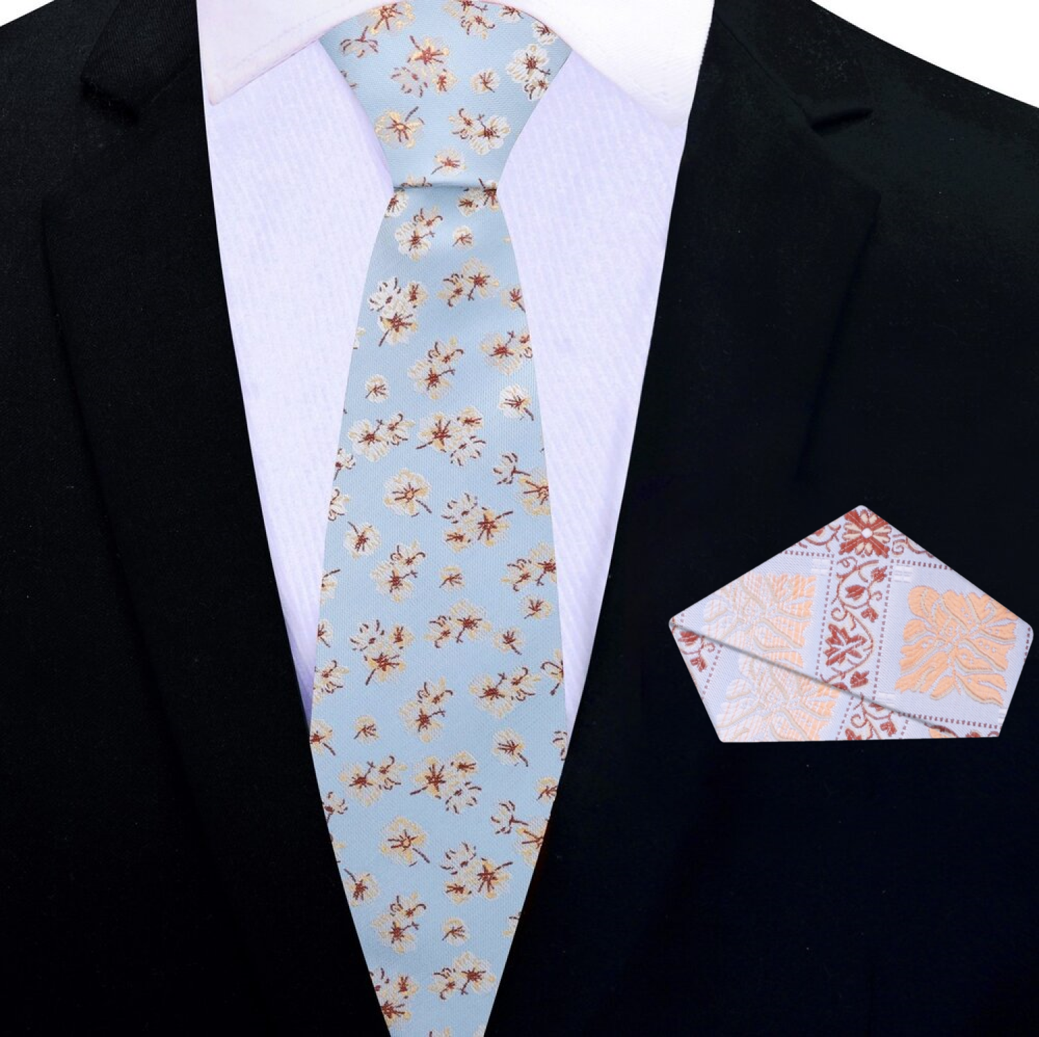 Mens silk tie and pocket square set in light blue with floral accents suitable for business meetings