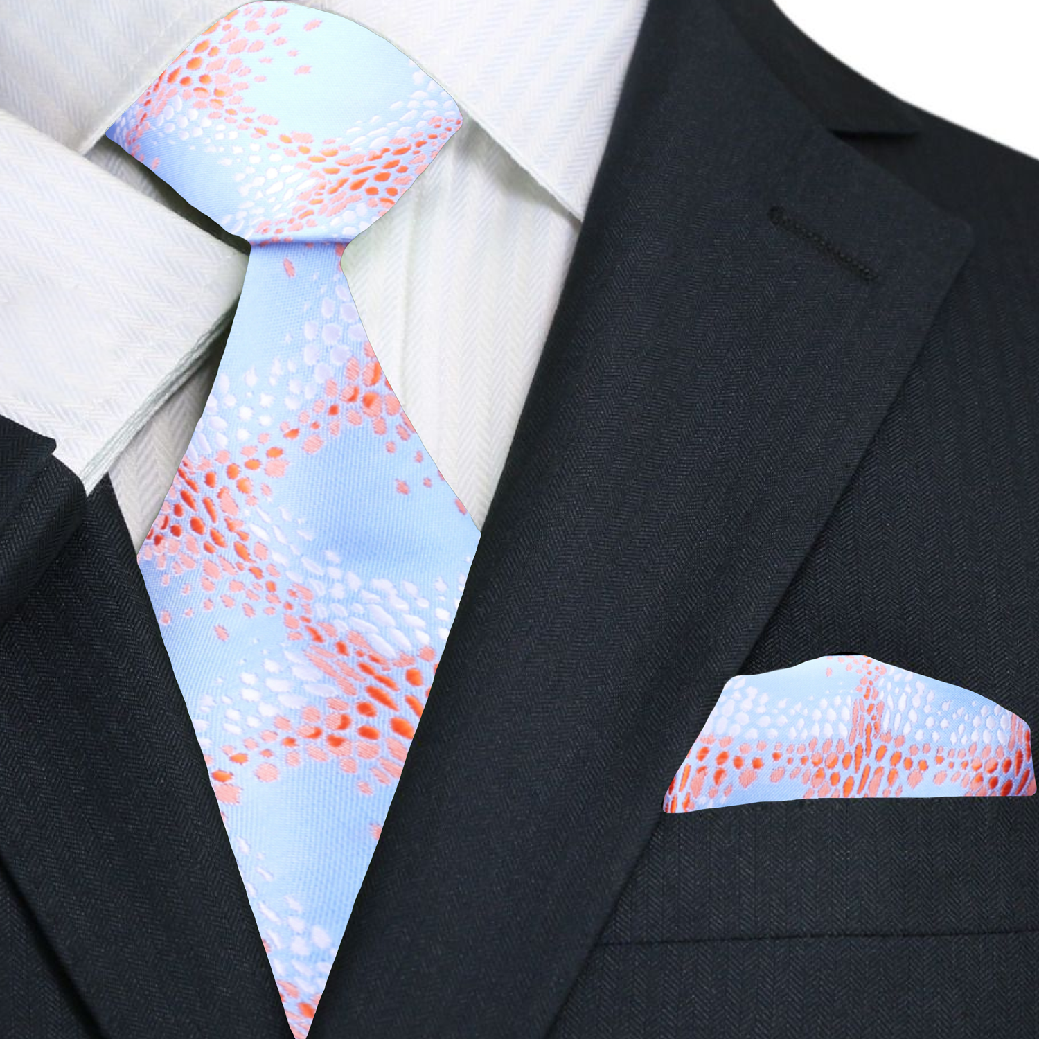 The Abstract Elegance Silk Tie elegantly draped over a navy blue suit, ideal for formal occasions.