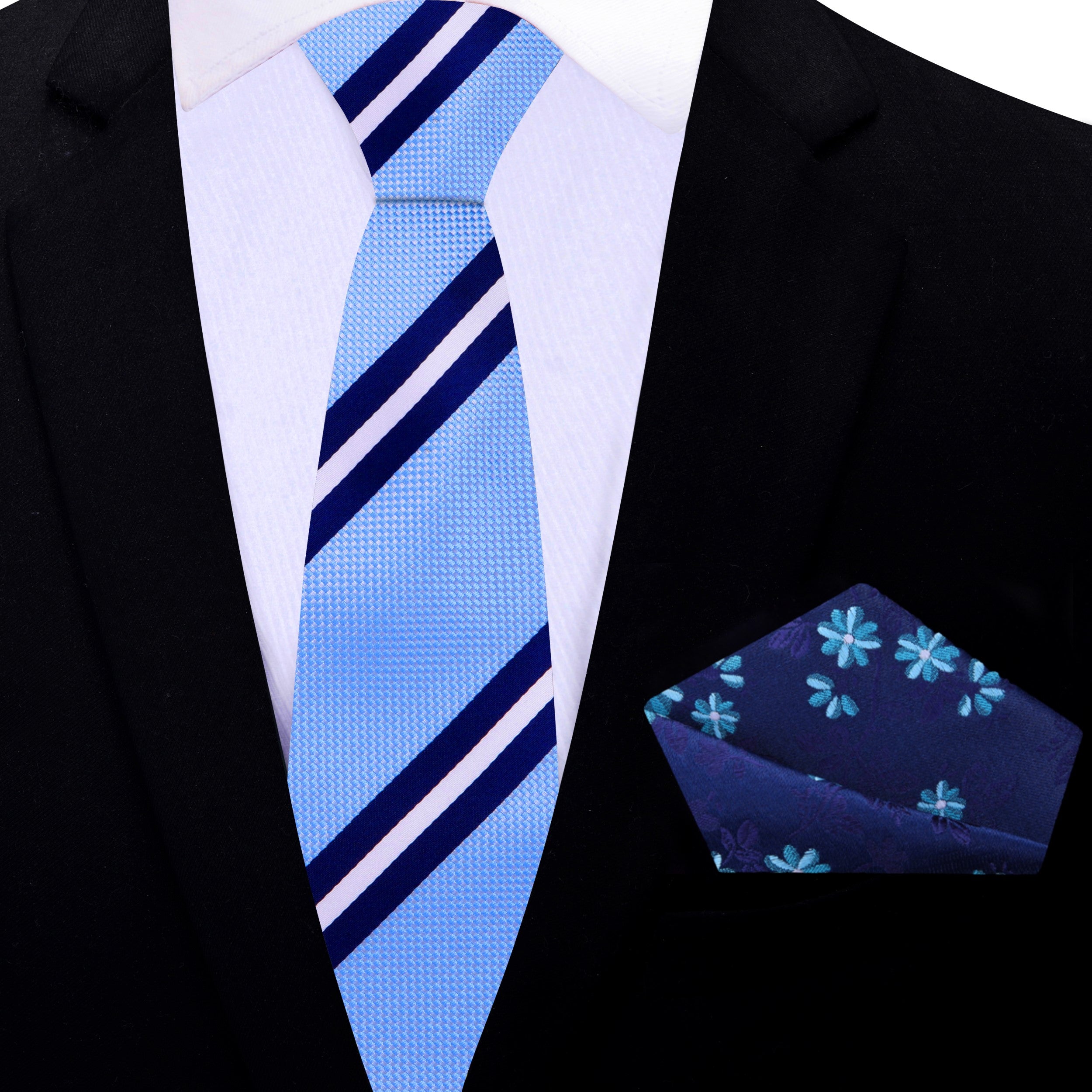 Elegant striped silk necktie in light blue with dark blue and white stripes, perfect for formal wear.