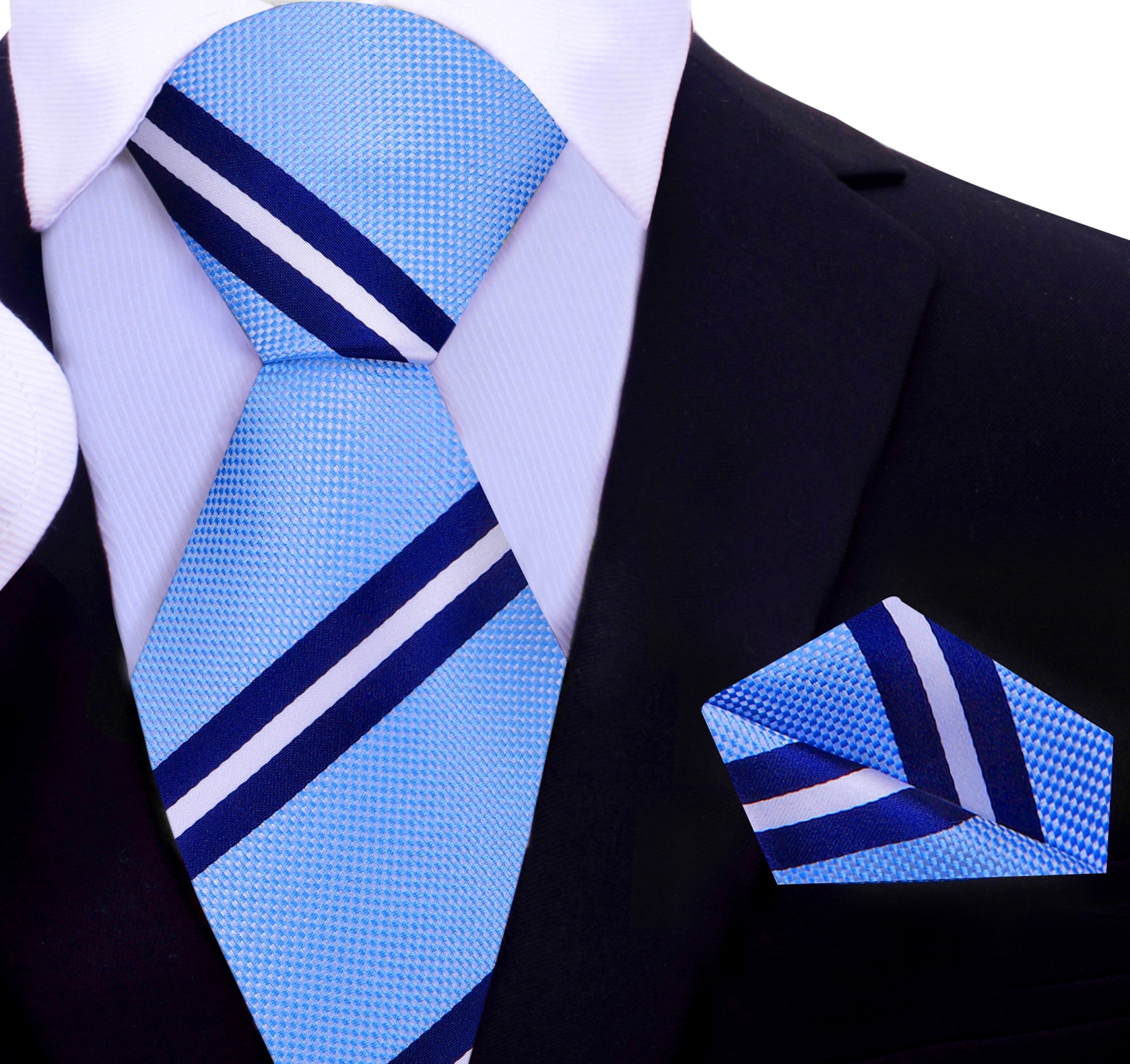 Elegant striped silk necktie in light blue with dark blue and white stripes, perfect for formal wear.