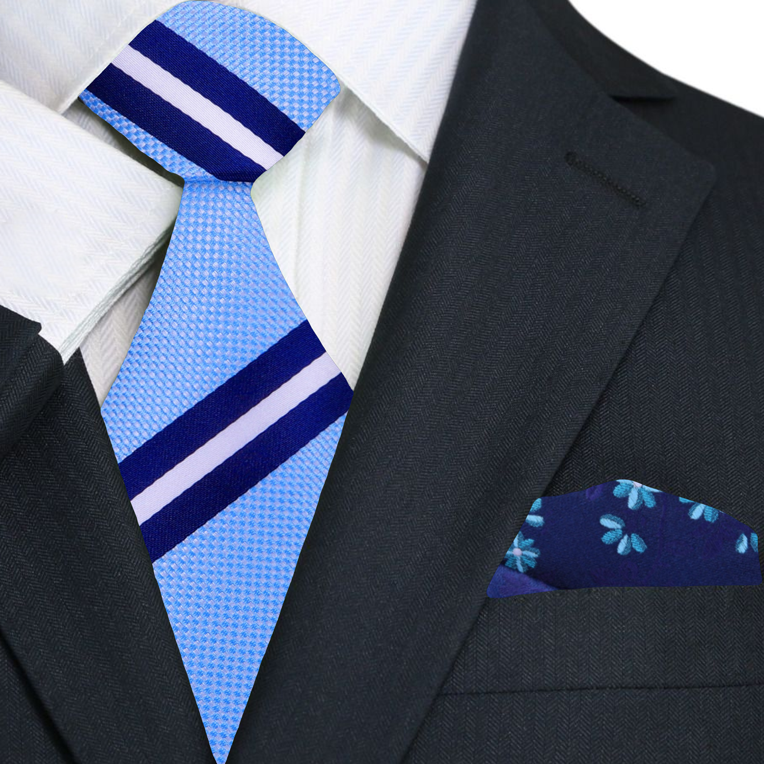 Close-up of the blue silk necktie showcasing the smooth texture and refined stripes.