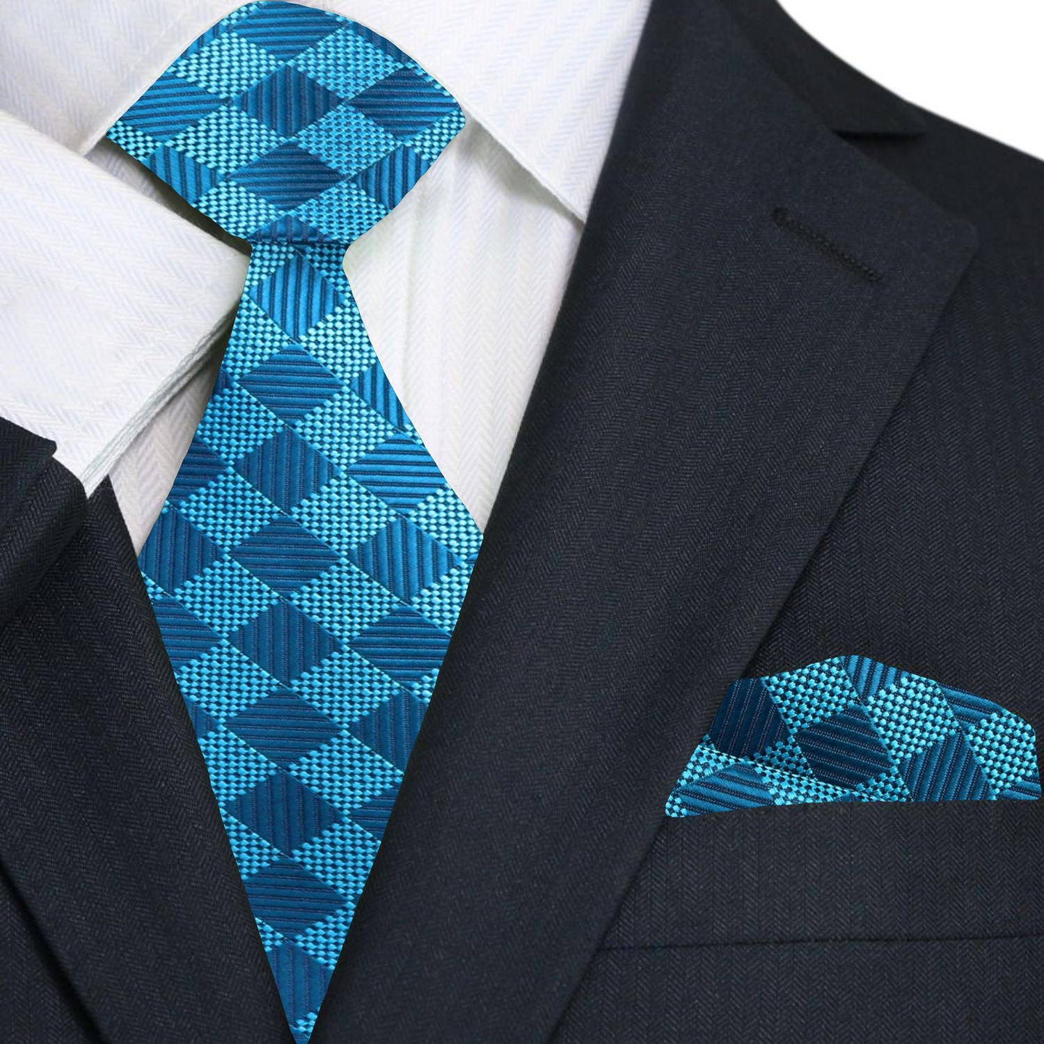 Man wearing blue patterned necktie with navy suit for a formal event