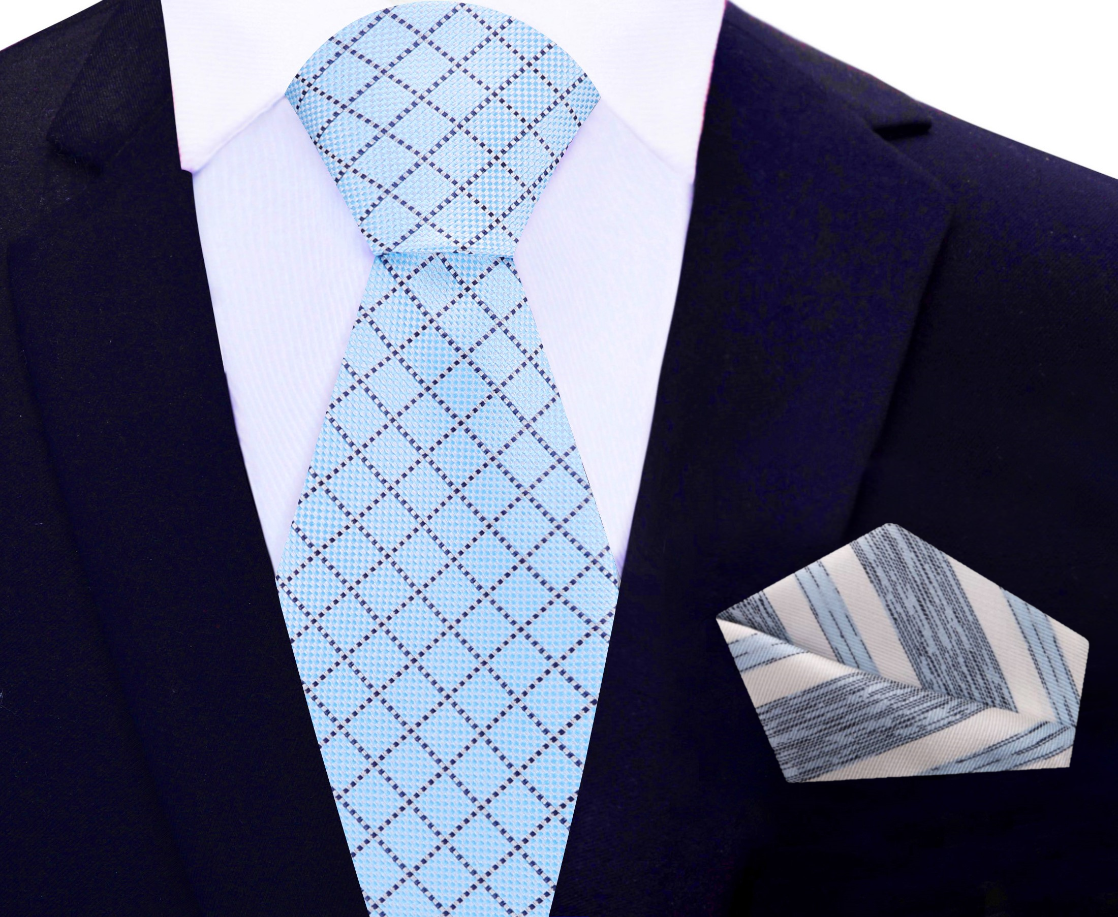 Close-up of light blue plaid silk necktie with classic pattern for men