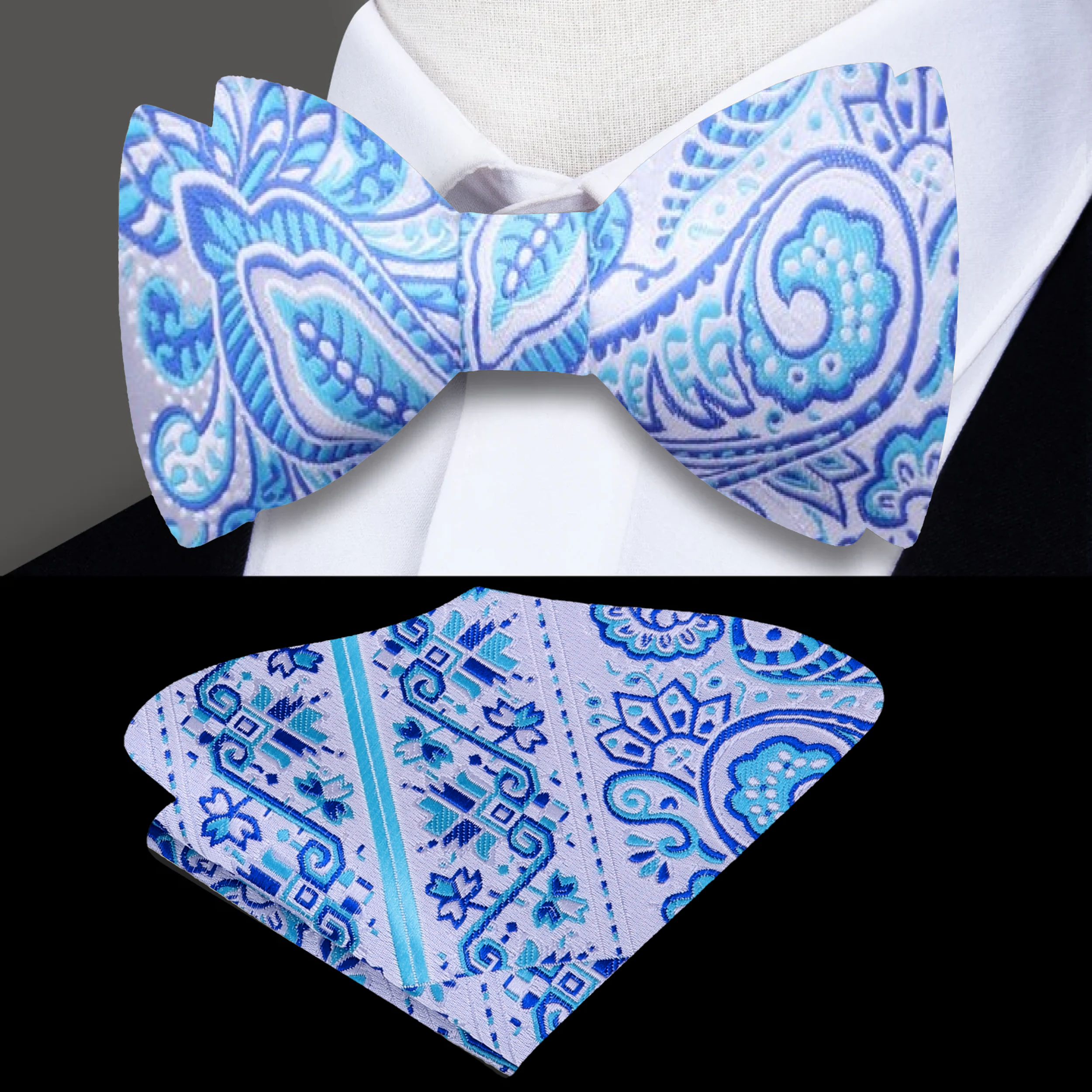 Pocket square displayed alongside the silk paisley bow tie, highlighting the vibrant patterns.