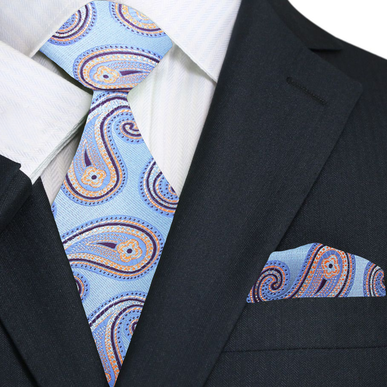Close-up of light blue paisley tie showcasing detailed pattern and silk texture