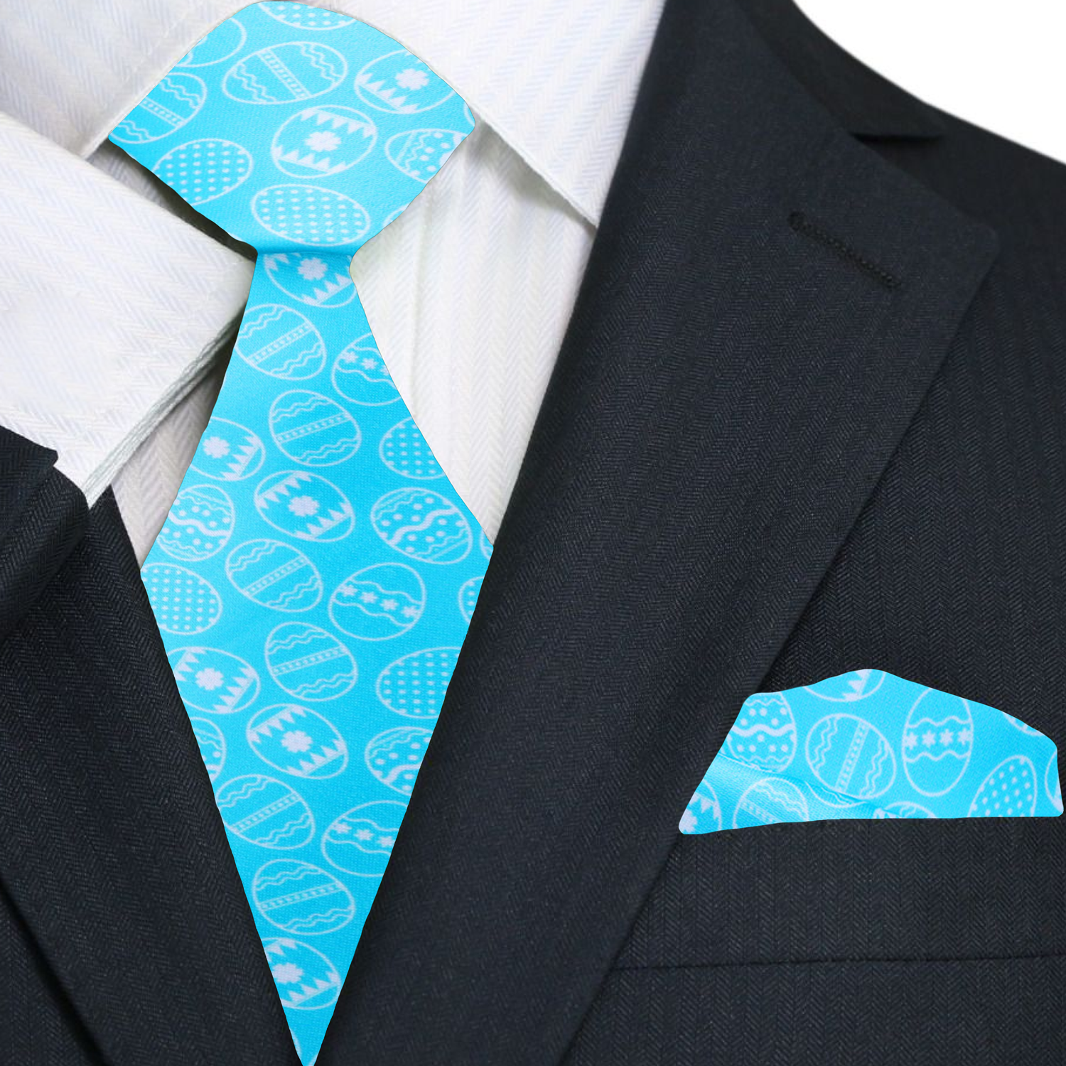 Styled shot of the Easter necktie paired with a crisp white shirt and light grey suit.