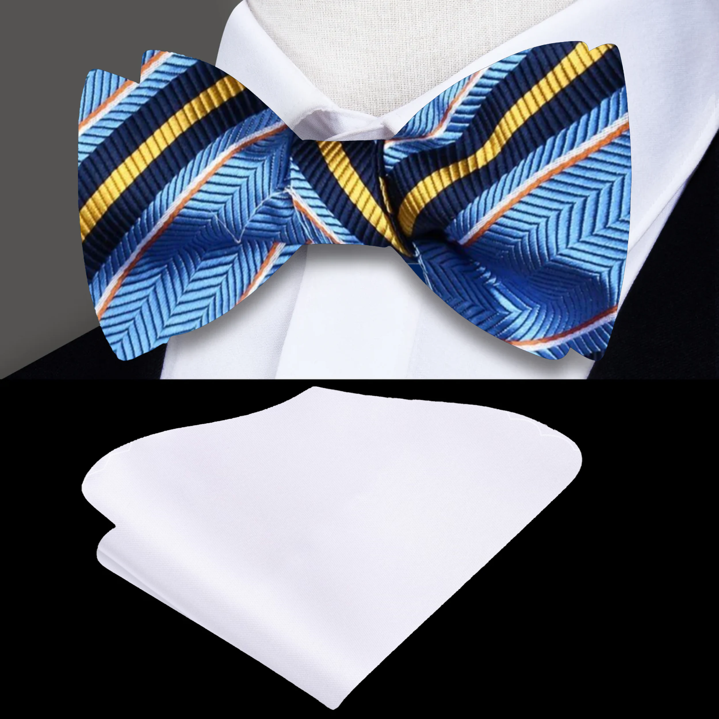 Elegant light blue self-tie bow tie with dark blue and white stripes on a dress shirt.