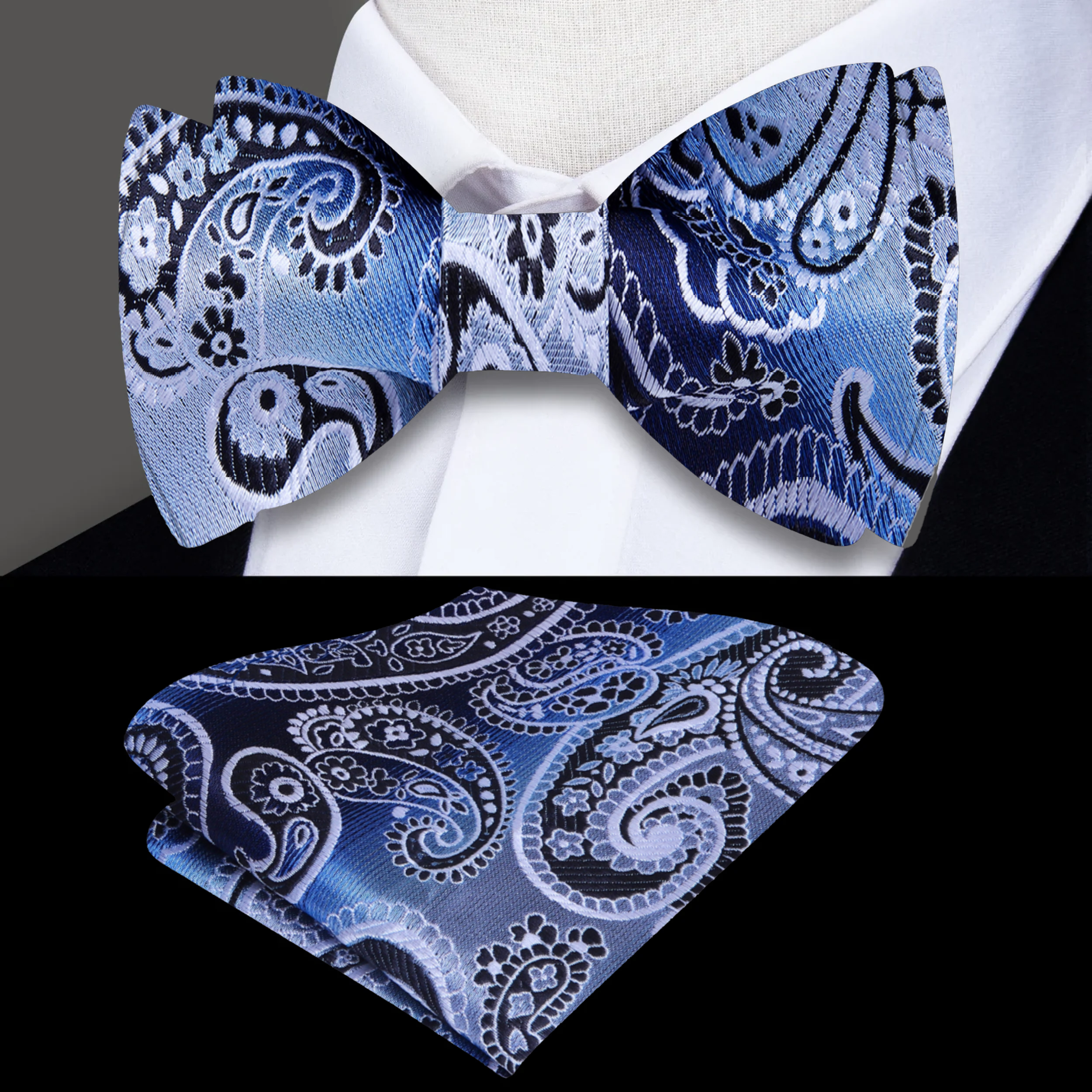 Close-up of the intricate paisley pattern on a premium silk bow tie