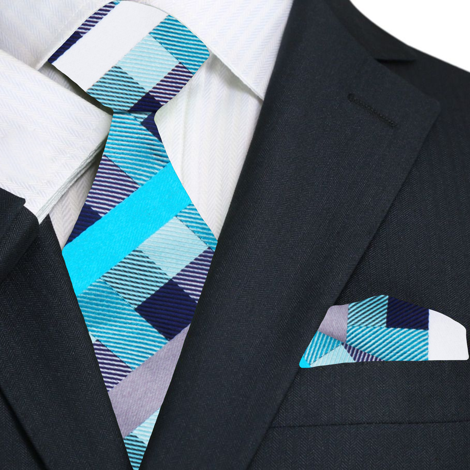 Close-up of the modern geometric check necktie in green and yellow, showcasing its intricate pattern.
